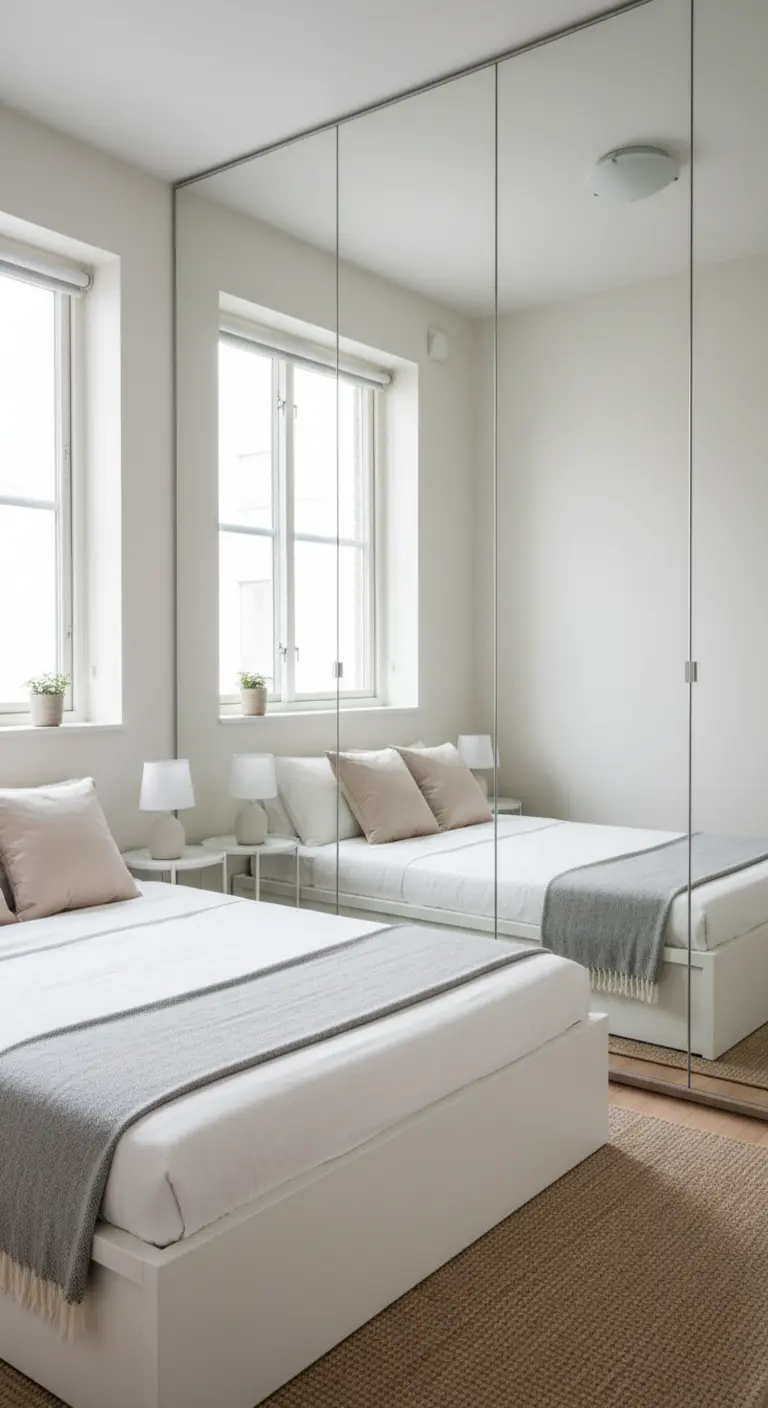 Camera da letto bianca con un grande armadio a muro con ante a specchio a tutta altezza.