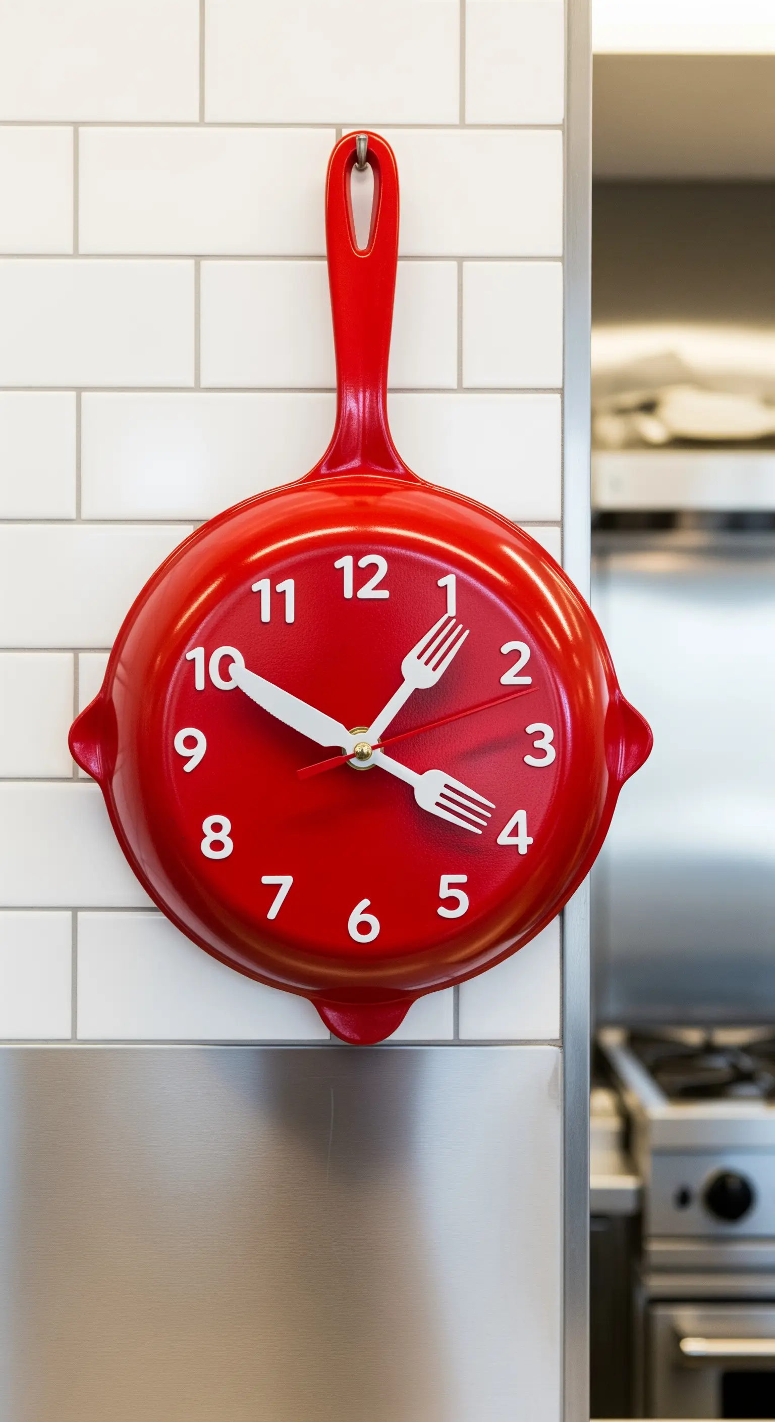 Una padella rossa trasformata in un orologio da cucina con lancette a forma di forchetta.