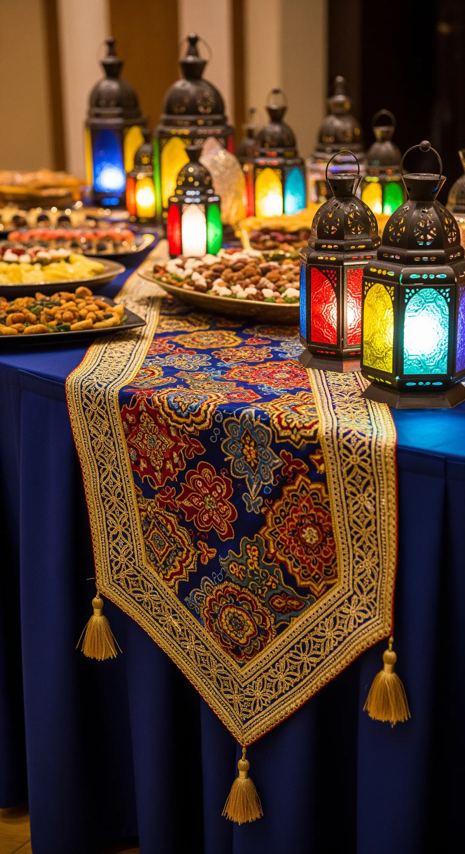 Runner in broccato con motivi orientali e lanterne marocchine dai vetri colorati.