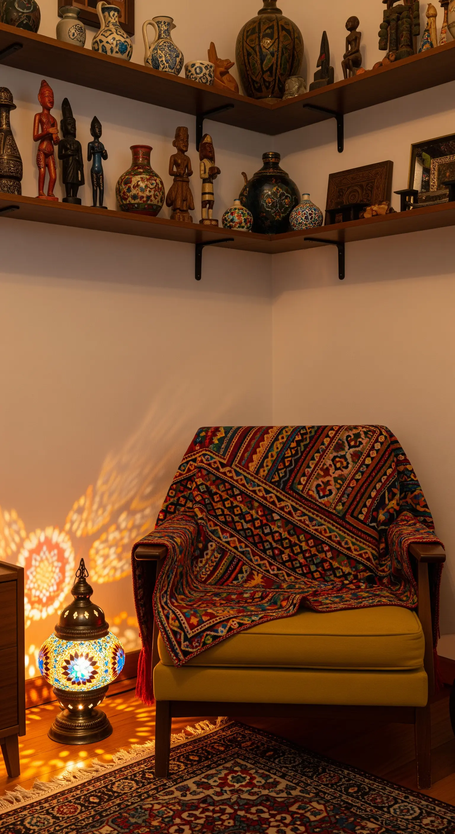 Poltrona senape con coperta kilim e una lampada a mosaico turca accesa sul pavimento.