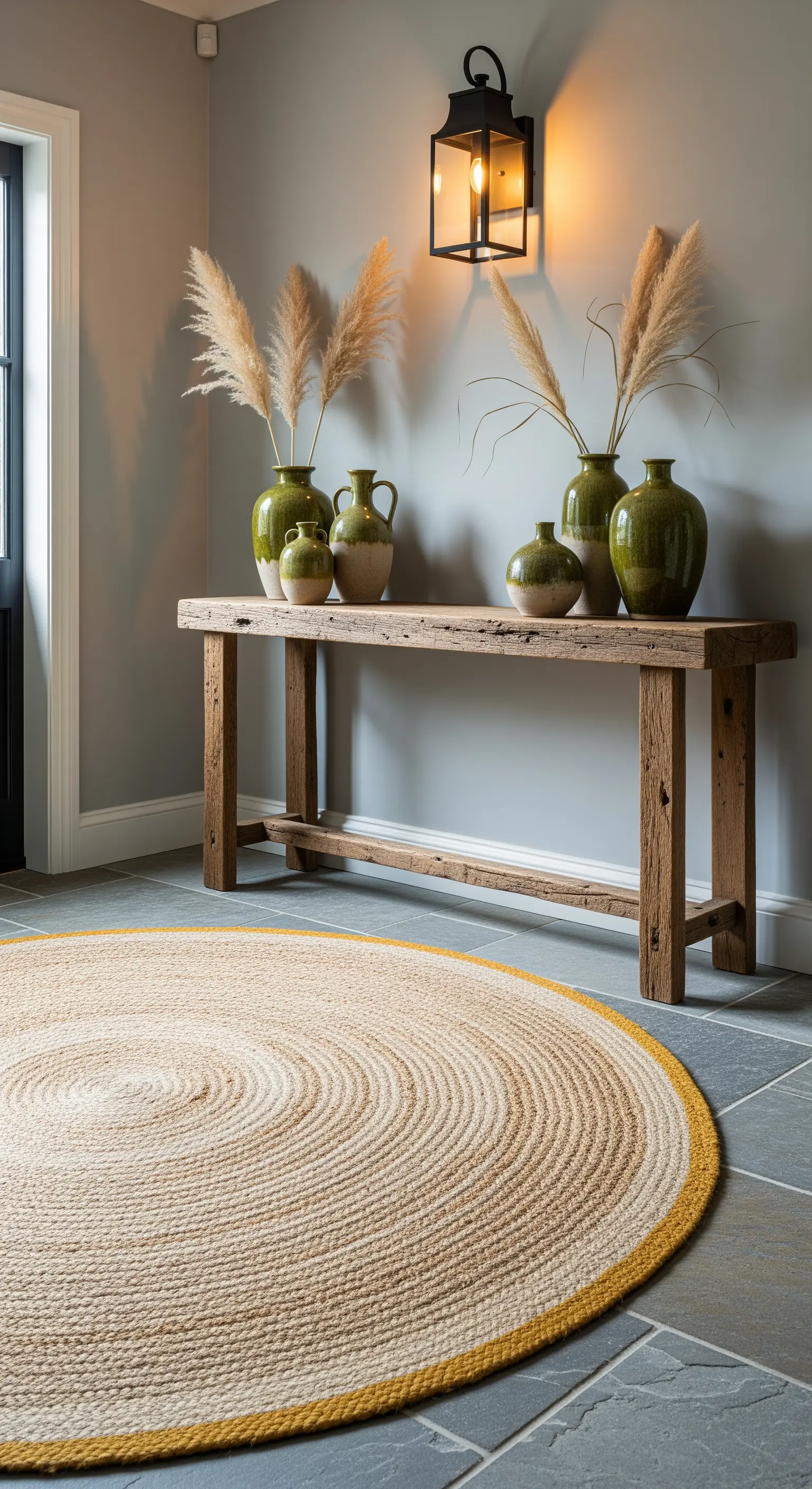 Consolle in legno rustico con vasi verde oliva e un tappeto rotondo in juta con bordo senape.