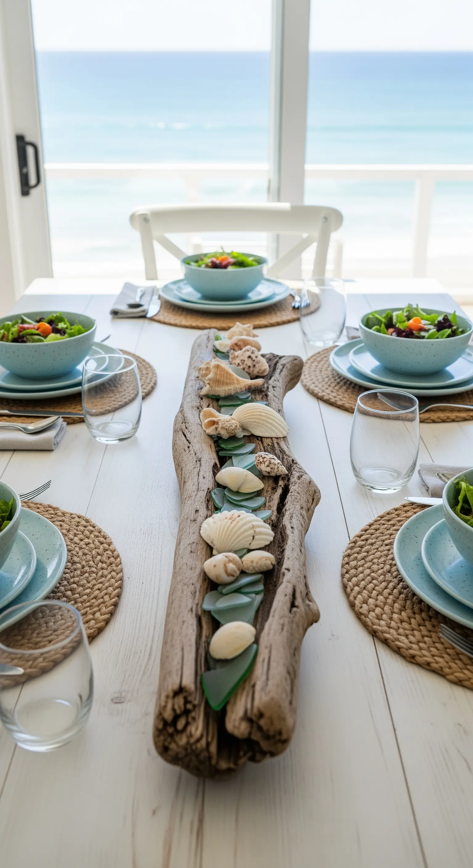Tavola con vista mare, centrotavola in legno con conchiglie e vetri colorati.