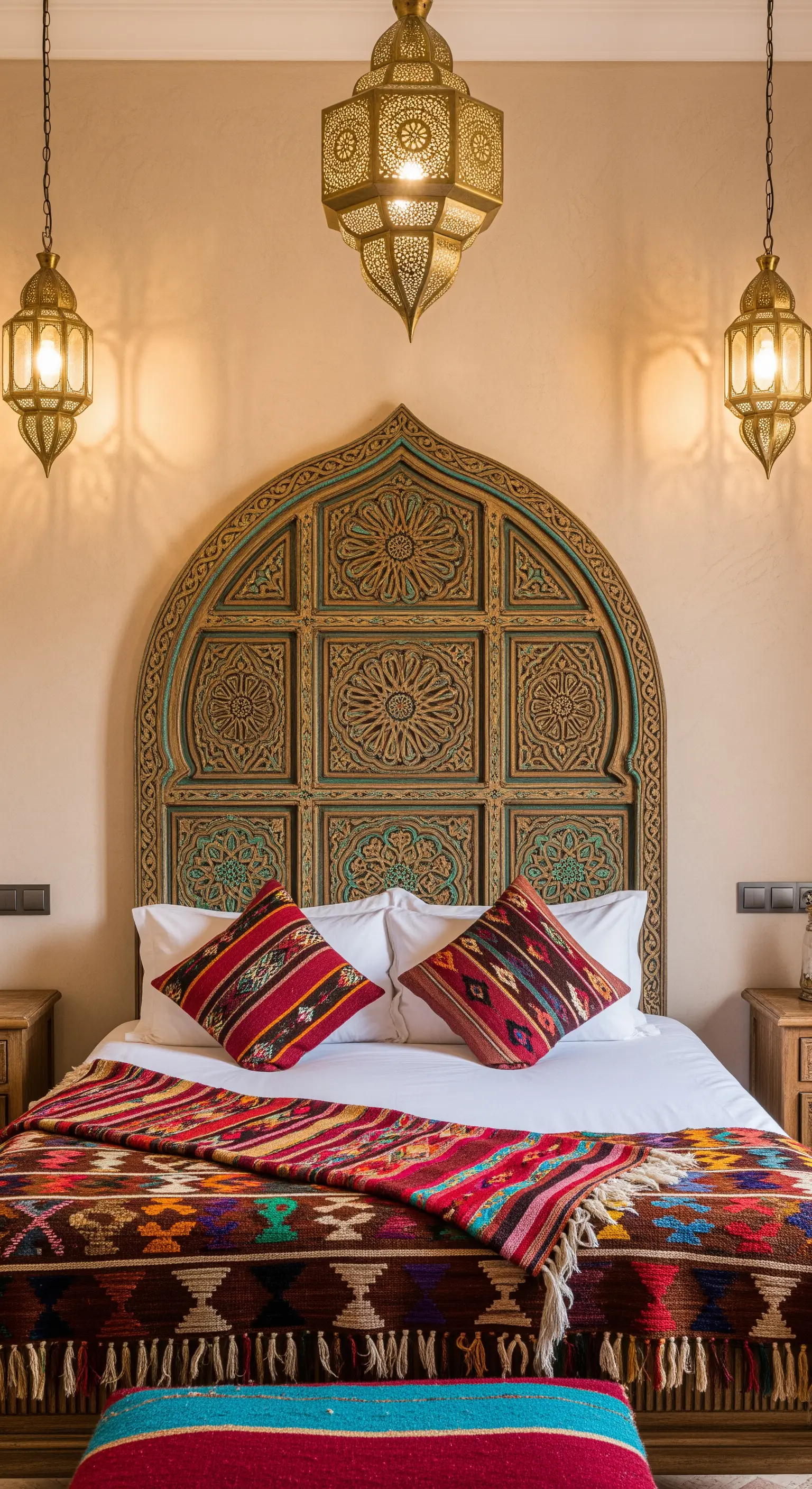 Testiera in legno intagliato in stile marocchino con tessuti etnici colorati e lanterne.