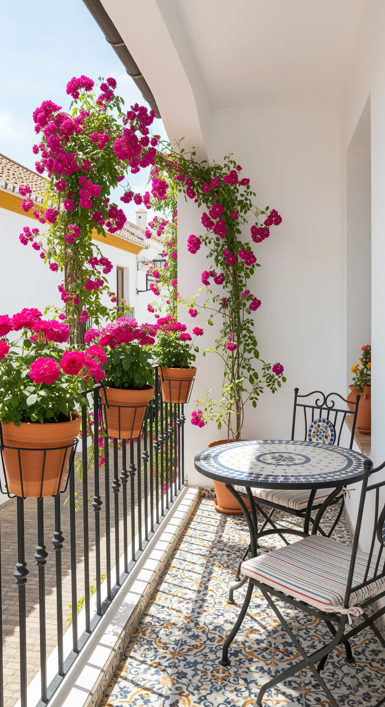 Balcone in stile mediterraneo con tavolo in maiolica, sedie in ferro e bouganville fucsia