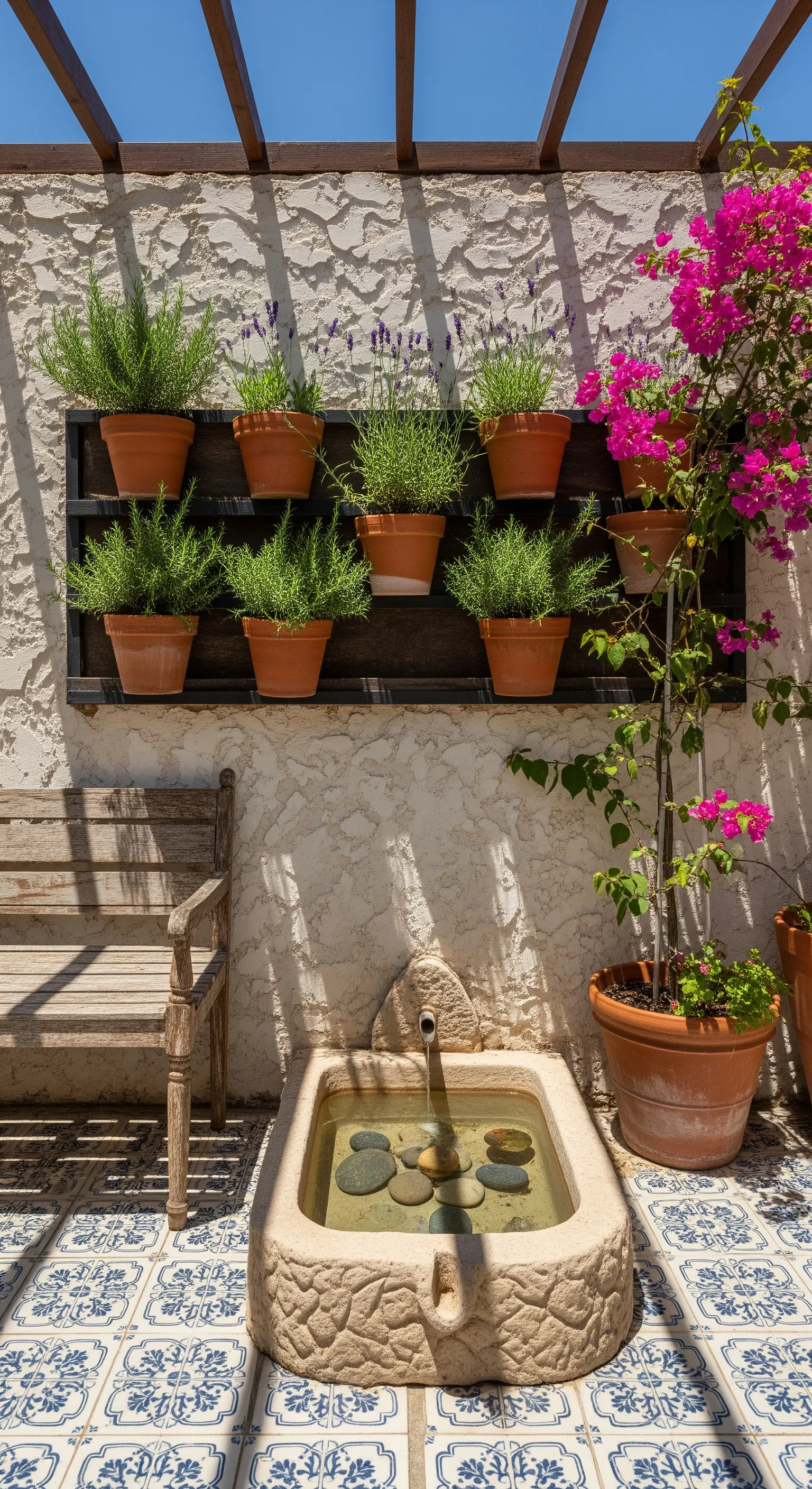 Angolo mediterraneo con erbe aromatiche in vasi di terracotta, fontana in pietra e bouganville.