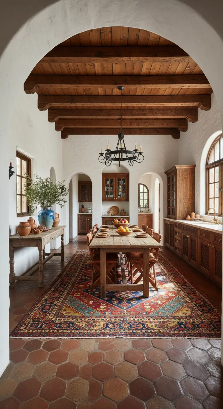 Sala da pranzo in stile mediterraneo con pavimento in cotto e grande tappeto persiano.