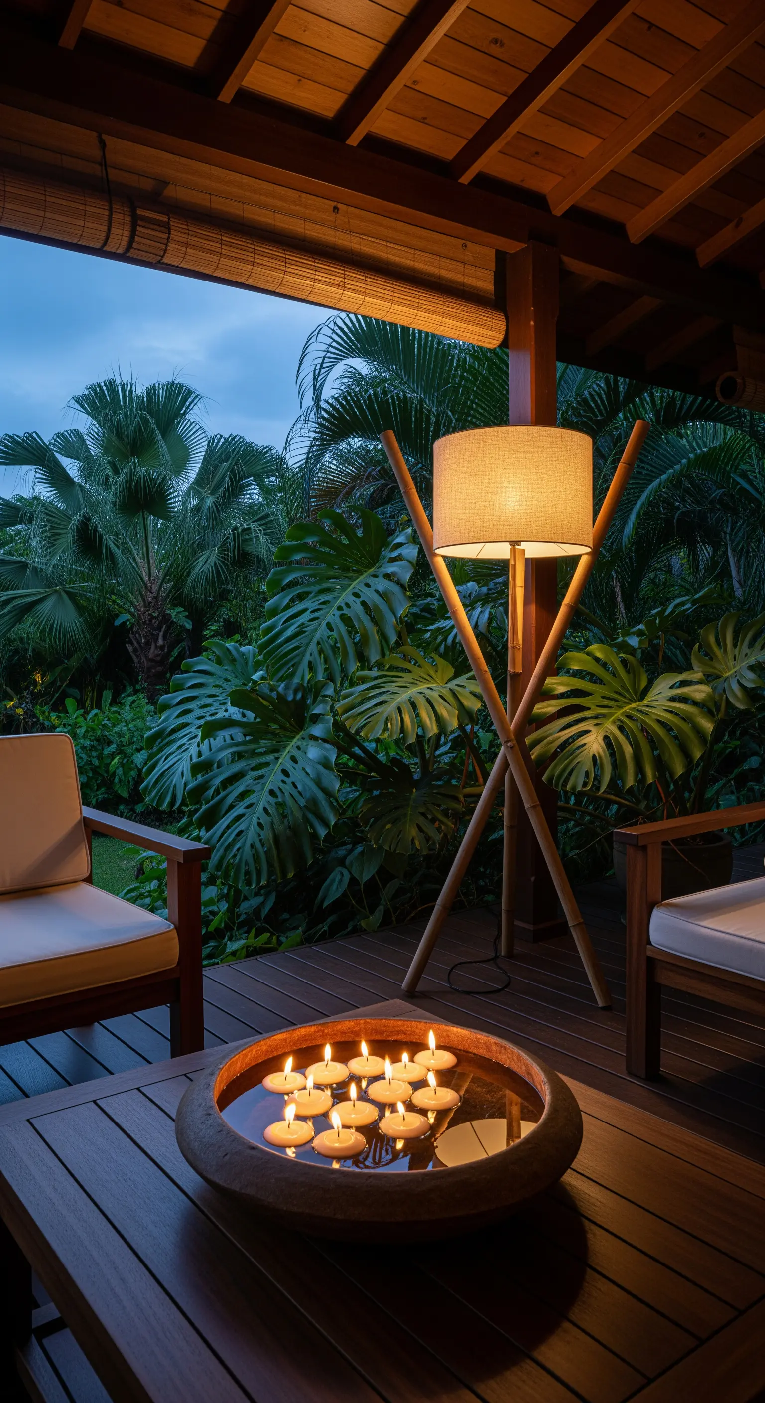 Veranda tropicale con lampada in bambù, arredi in legno e candele galleggianti in una ciotola.