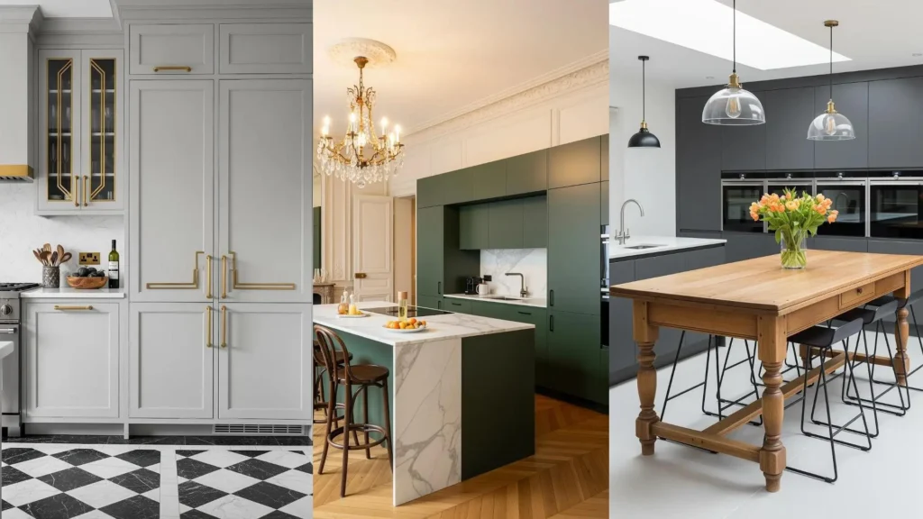 Cucine eclettiche in equilibrio tra moderno e vintage: armadi raffinati, isole in marmo e tavoli in legno massello.