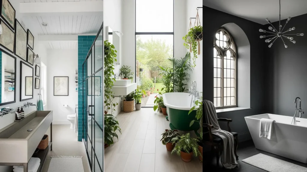 Bagni eclettici di design che uniscono elementi moderni e vintage con armonia. Vasche freestanding, piante e dettagli di stile.