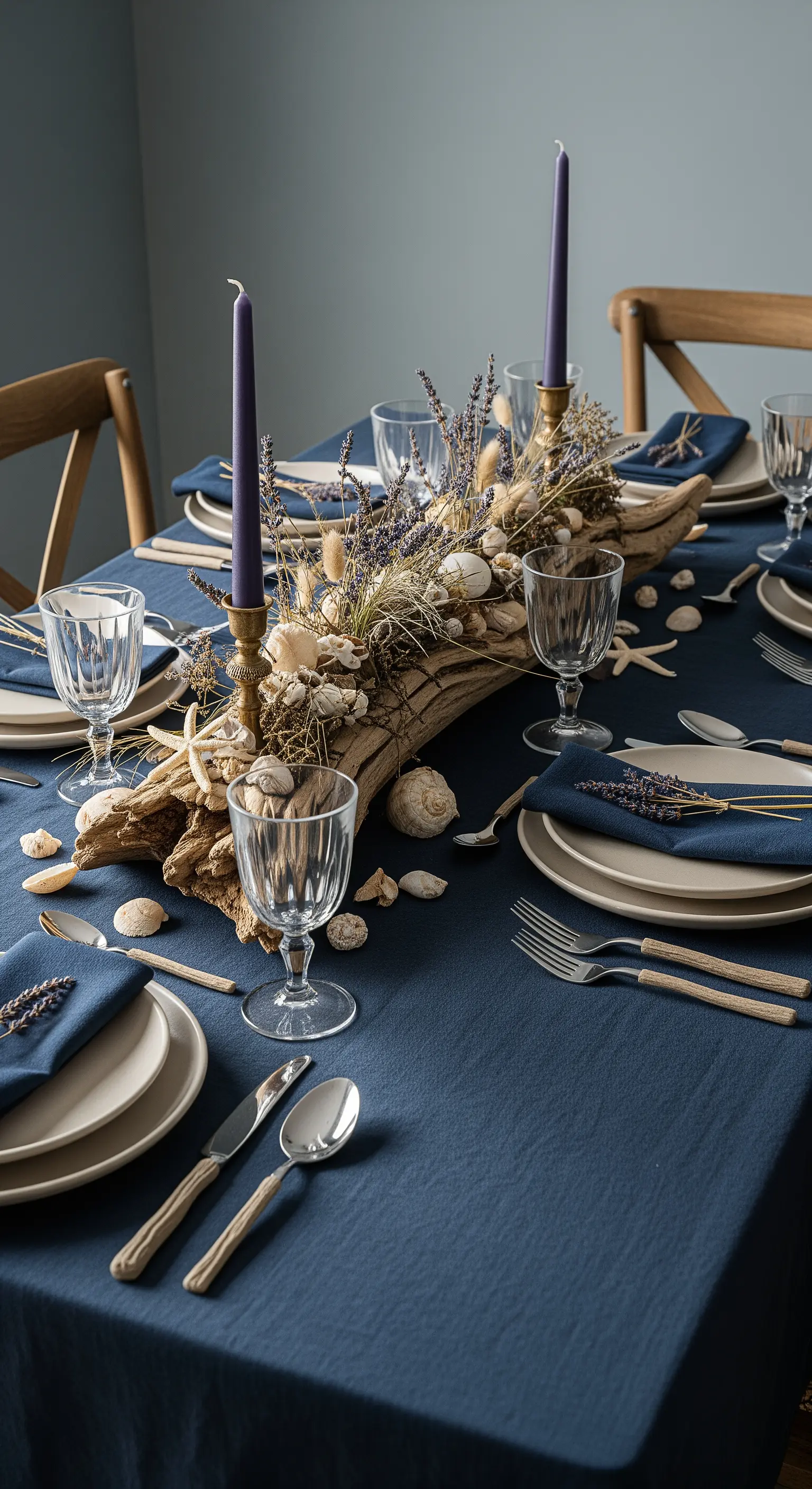 Tavola autunnale in stile costiero con legno, conchiglie e lavanda su tovaglia blu.