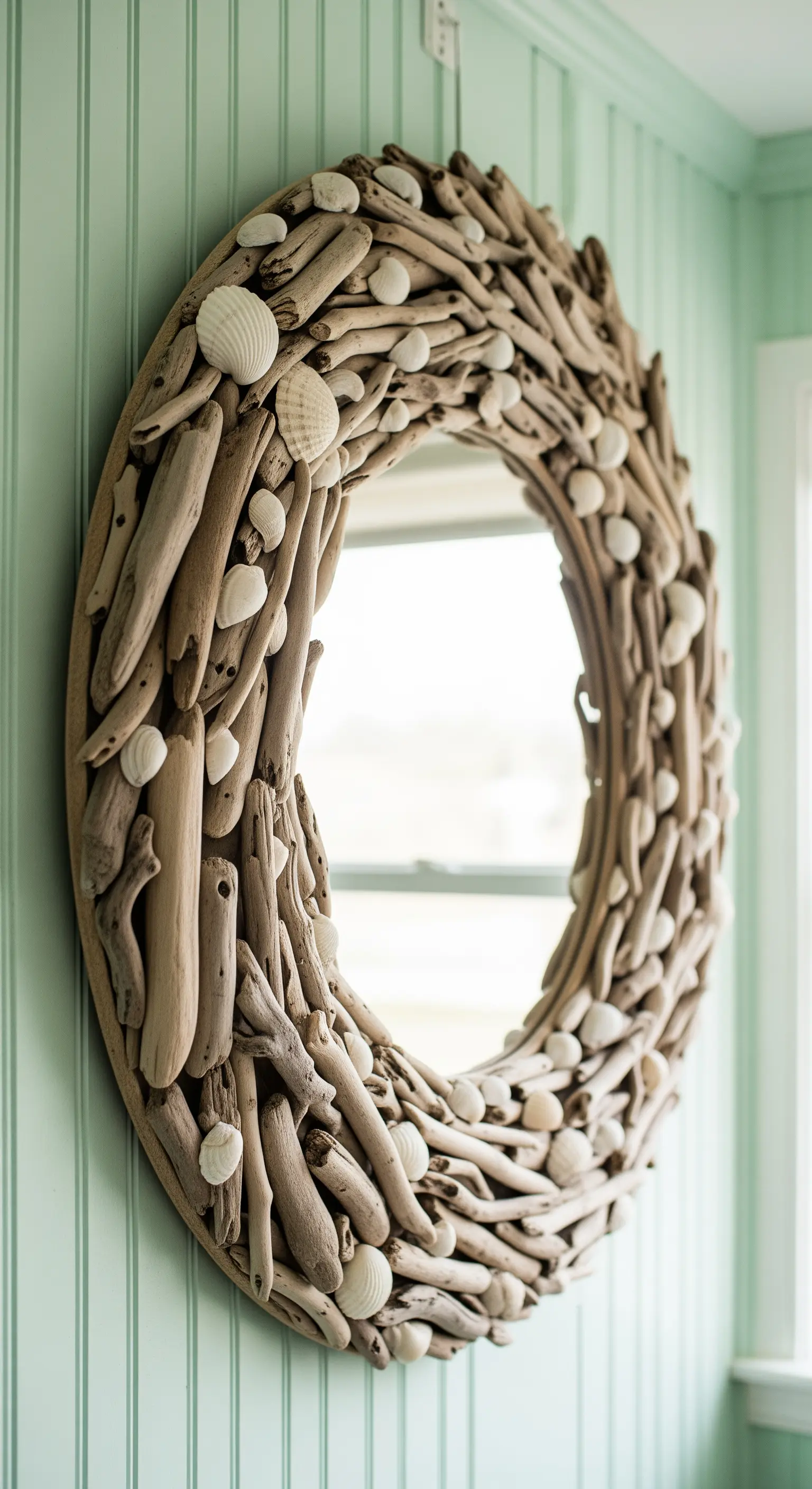 Specchio rotondo con cornice fatta a mano di legnetti e conchiglie su una parete verde menta.