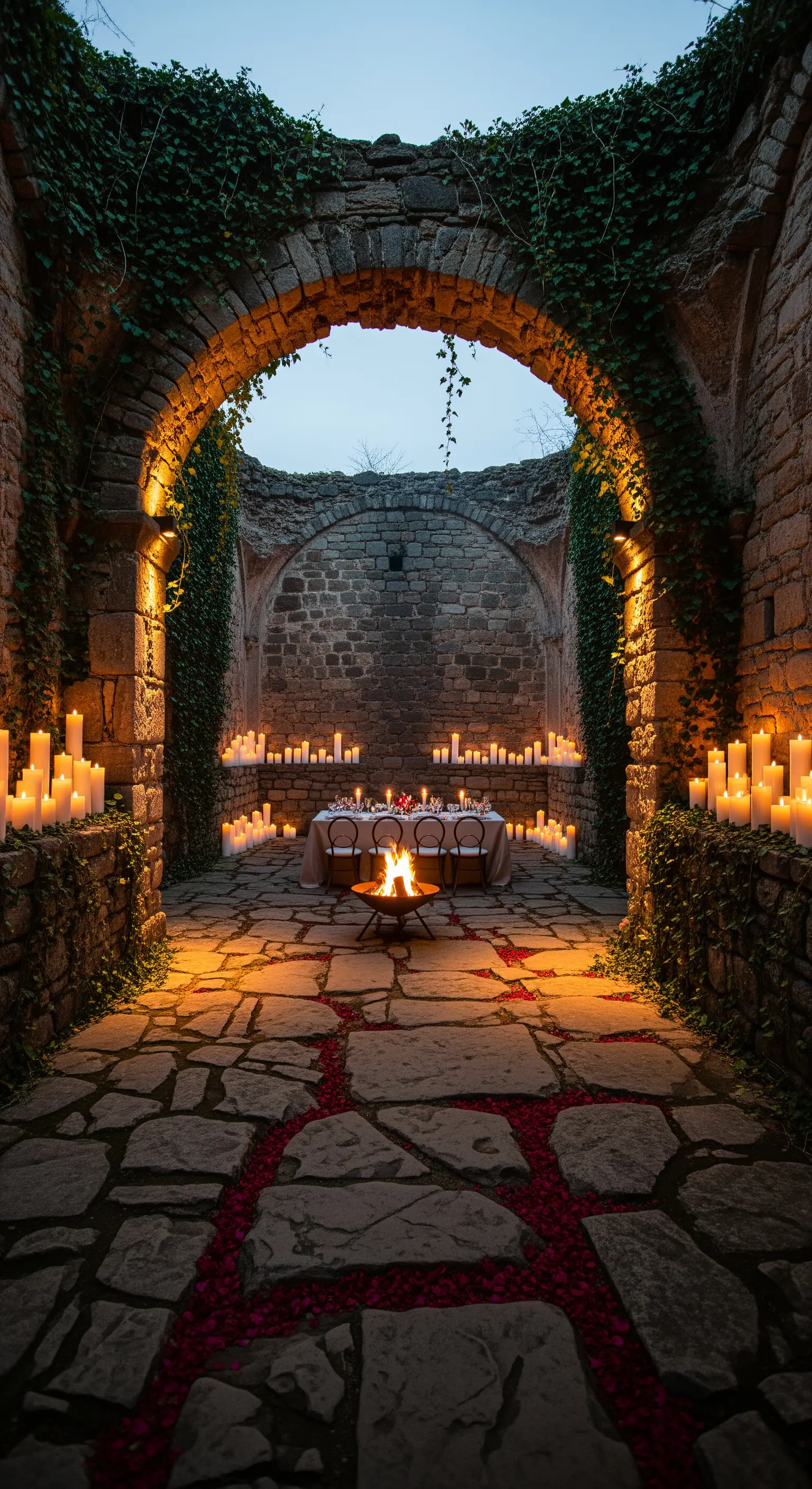 Cena romantica in una rovina di pietra illuminata da centinaia di candele e un braciere.
