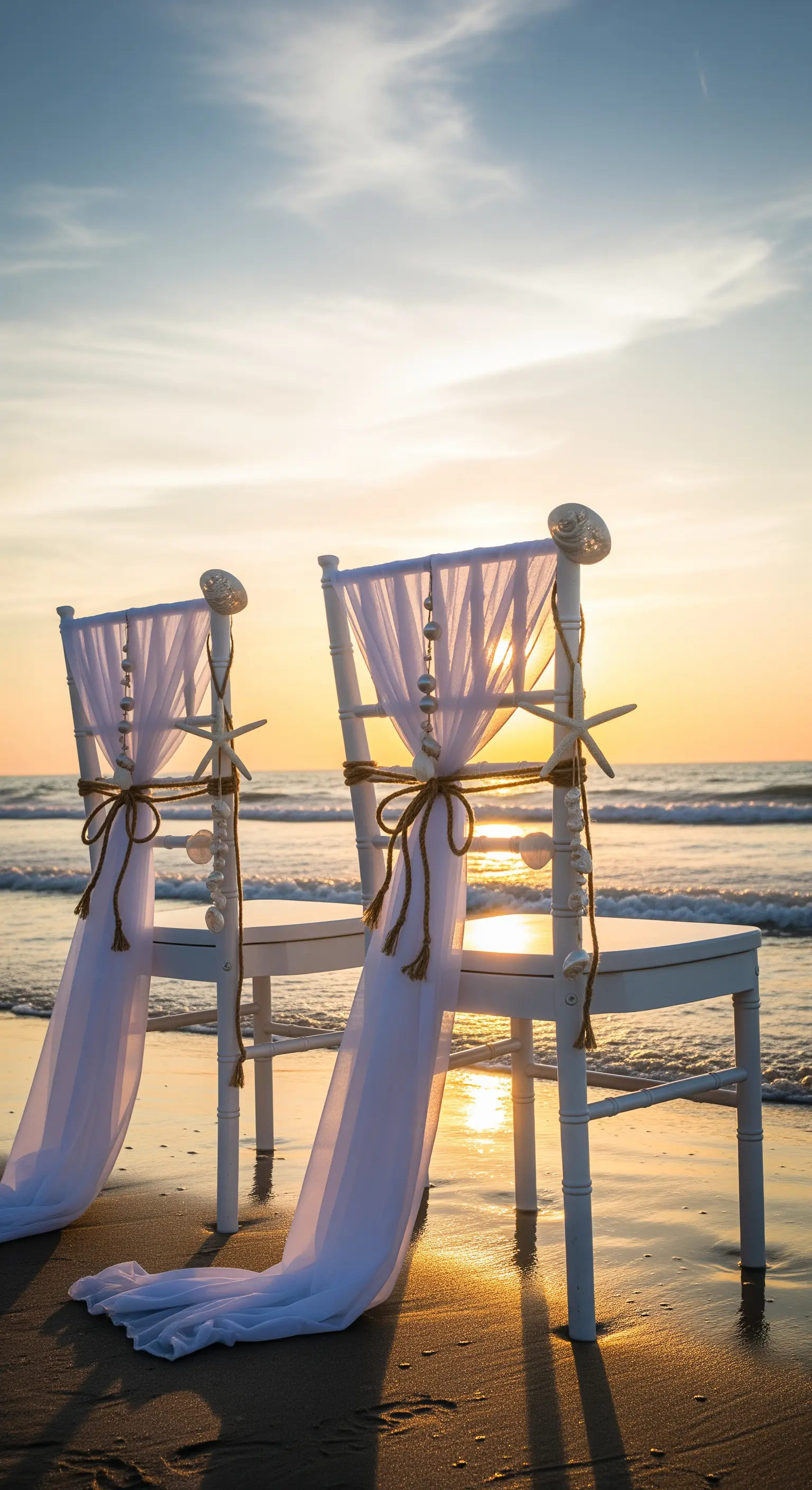 Sedie bianche sulla spiaggia decorate con tulle, corde di iuta, stelle marine e conchiglie.
