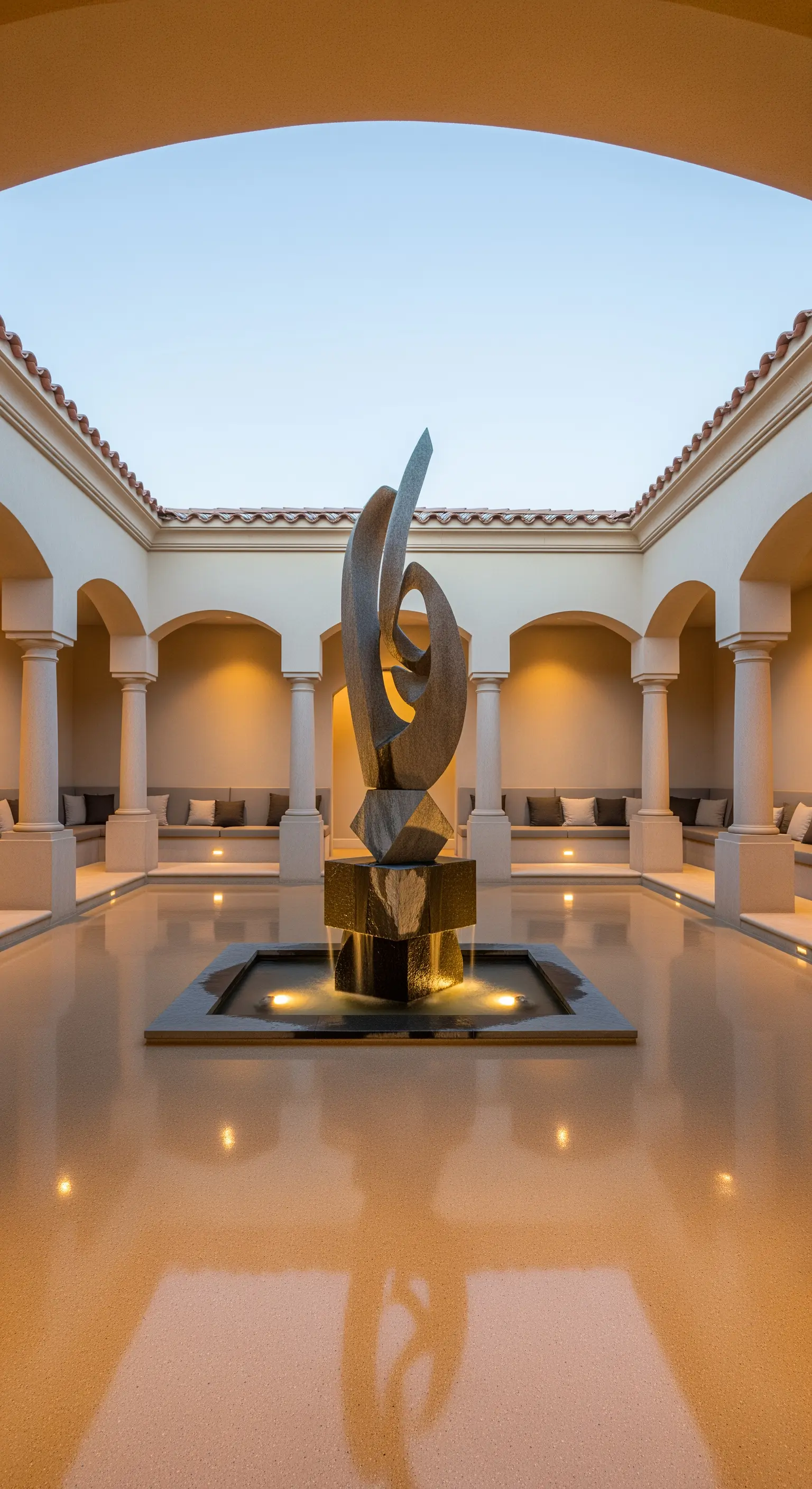 Cortile in stile mediterraneo con pavimento chiaro, archi e una fontana con scultura moderna.