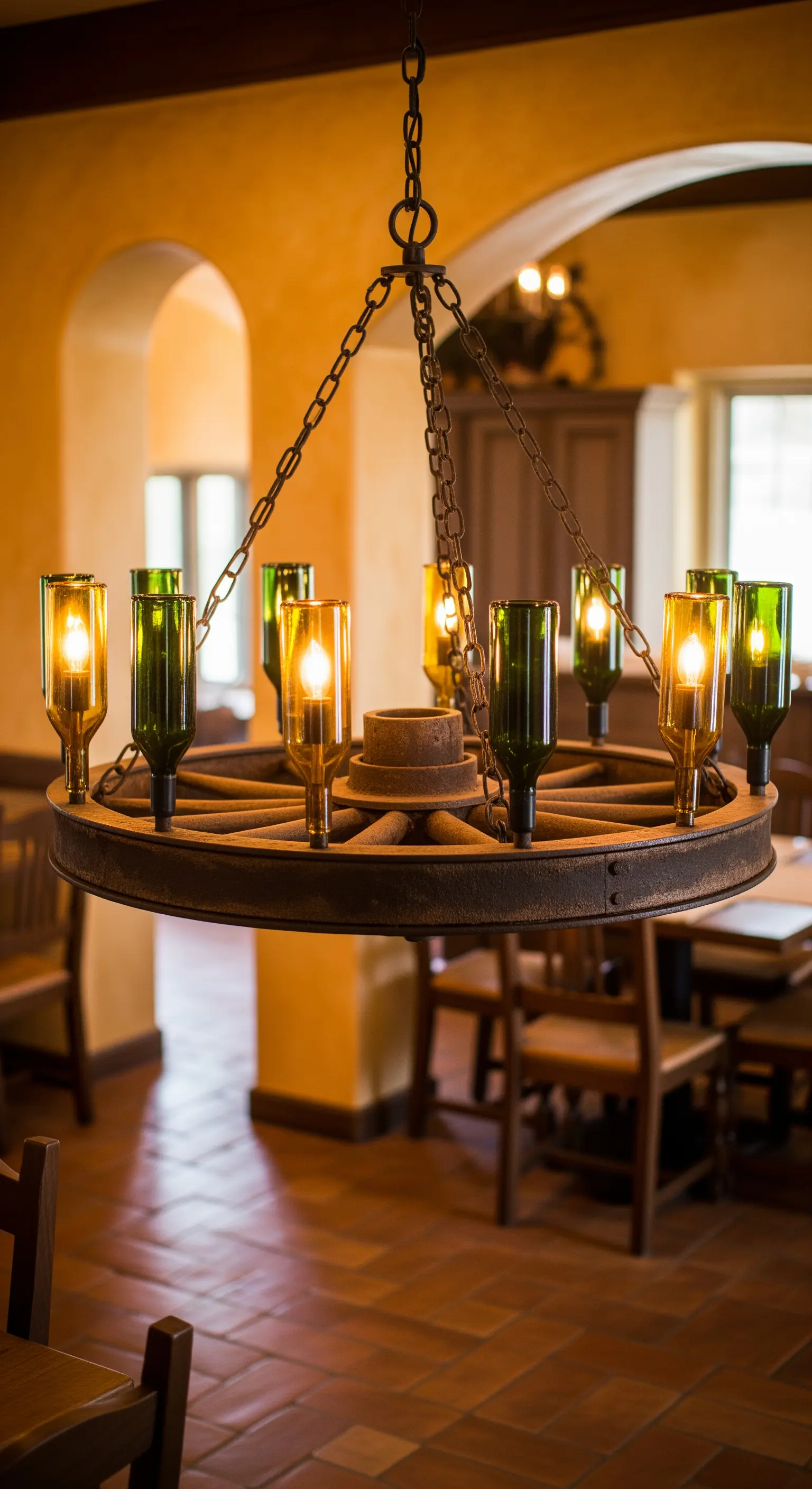 Lampadario rustico realizzato con una ruota di carro e colli di bottiglia verdi.