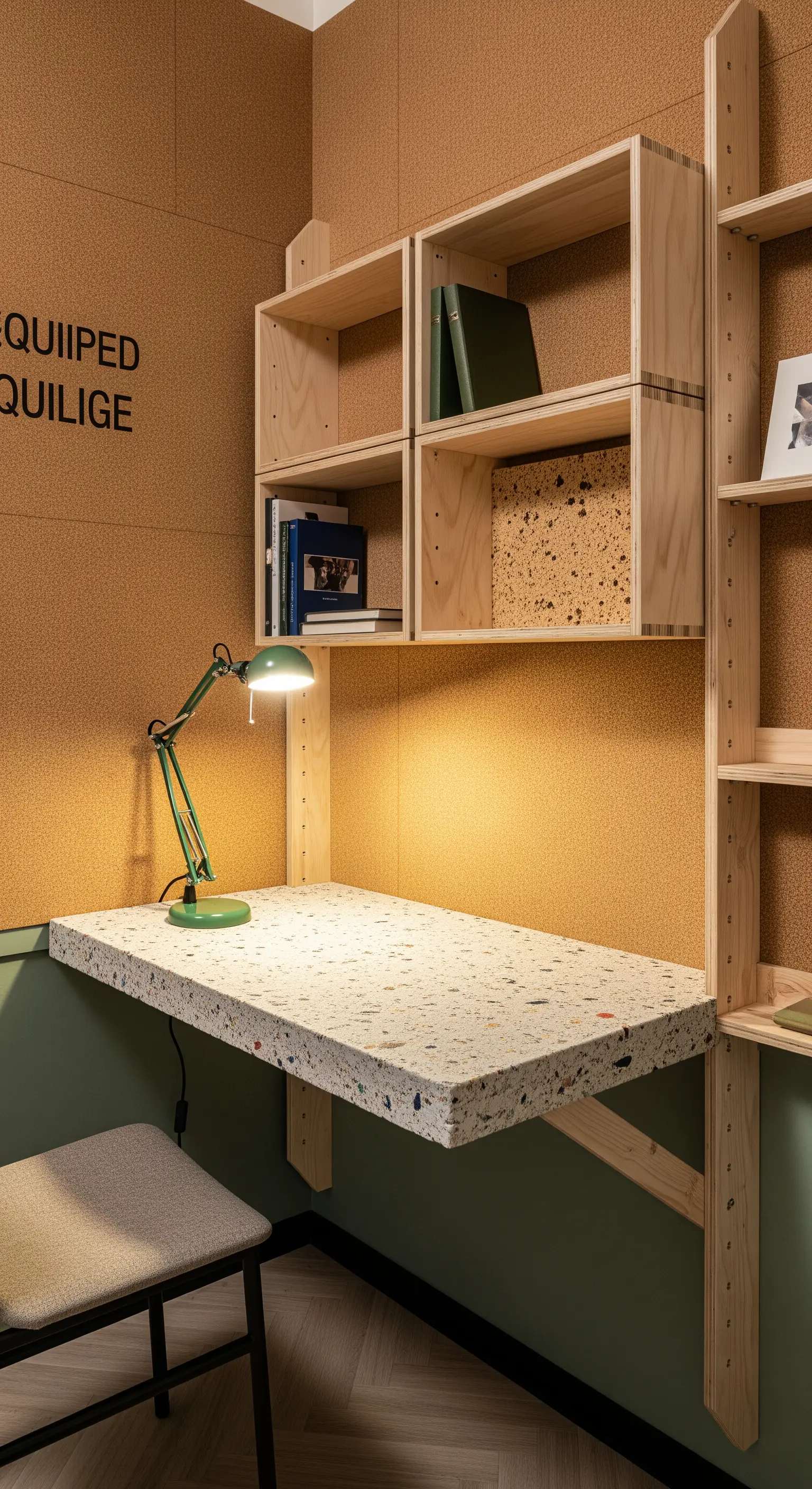 Scrivania sospesa con piano in terrazzo riciclato e struttura in legno chiaro e sughero.