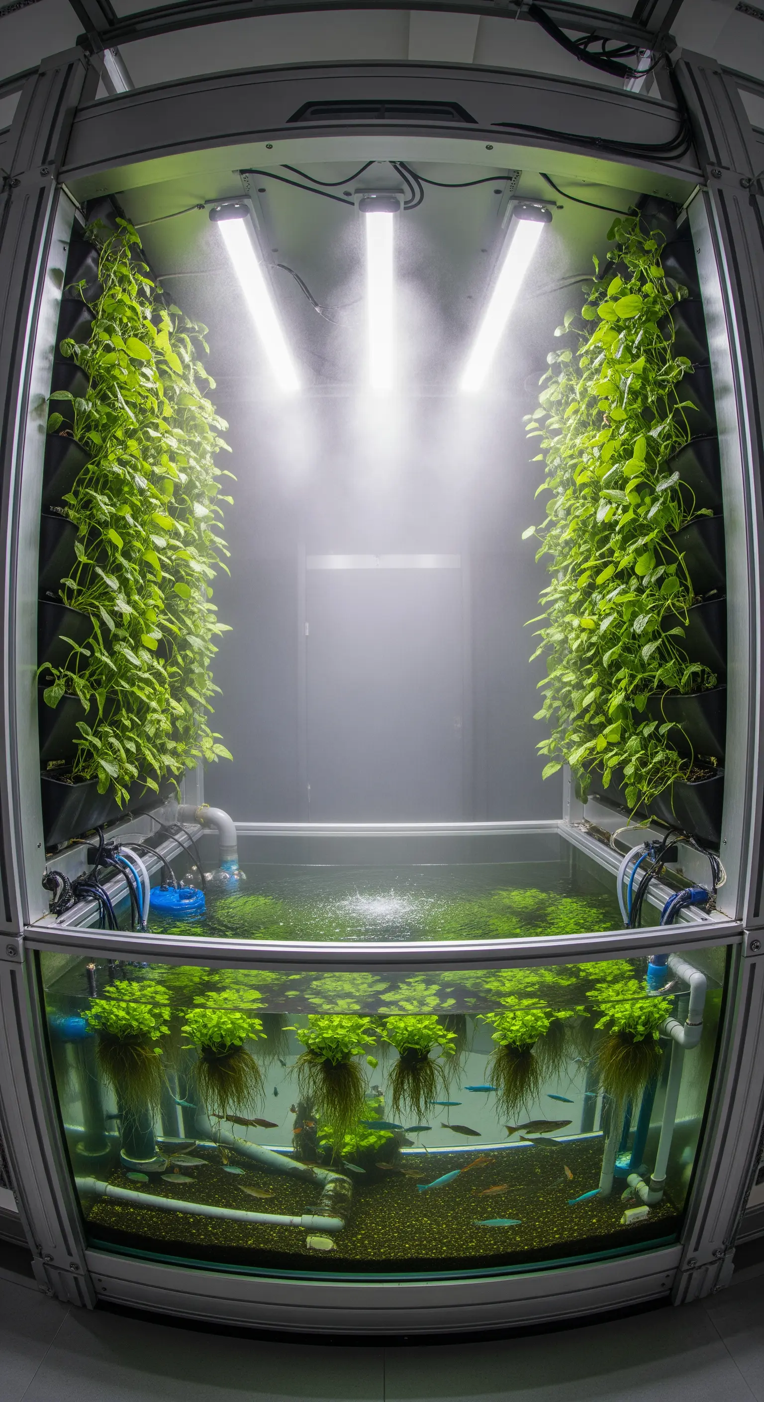 Sistema di acquaponica high-tech con piante che crescono sopra un acquario illuminato.
