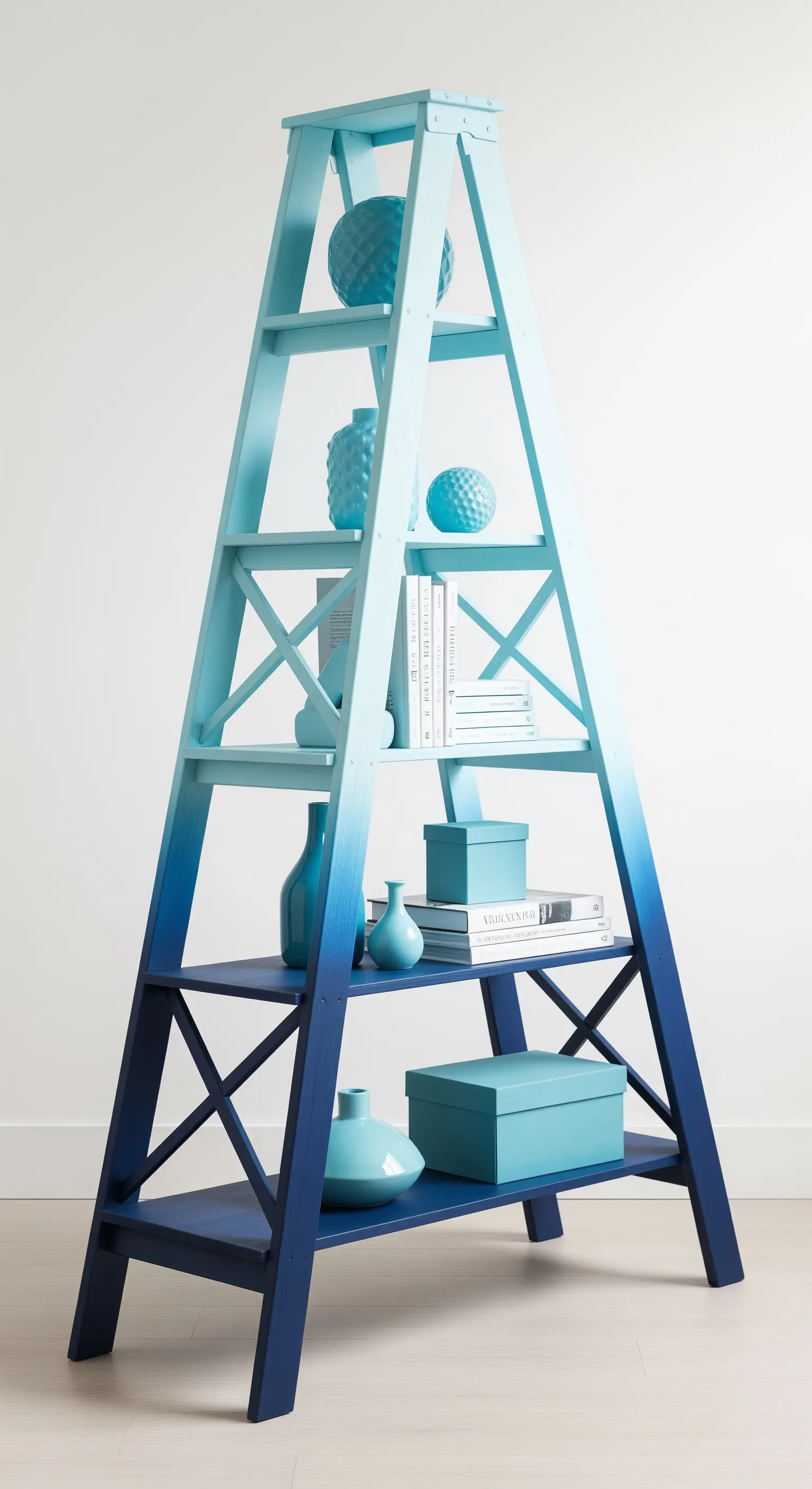 Scala-libreria in legno dipinta con un effetto sfumato dal celeste al blu scuro.