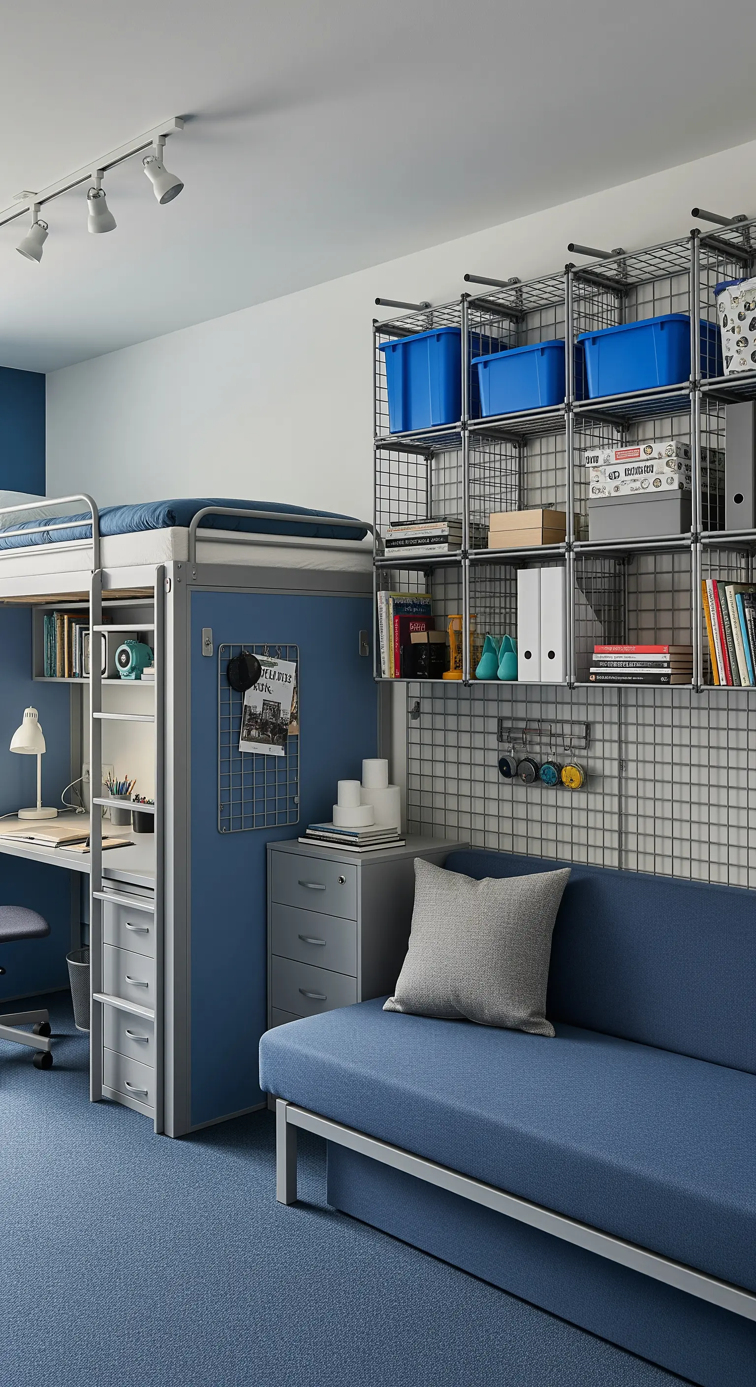 Stanza per studenti con letto a soppalco, scrivania integrata e scaffalatura metallica.