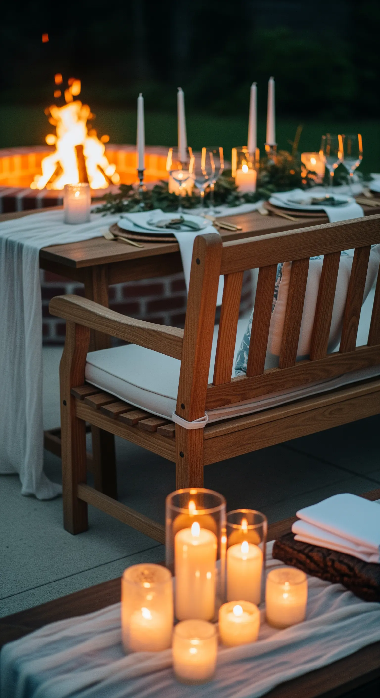 Tavola elegante apparecchiata per la cena all'aperto, con candele e un braciere sullo sfondo.