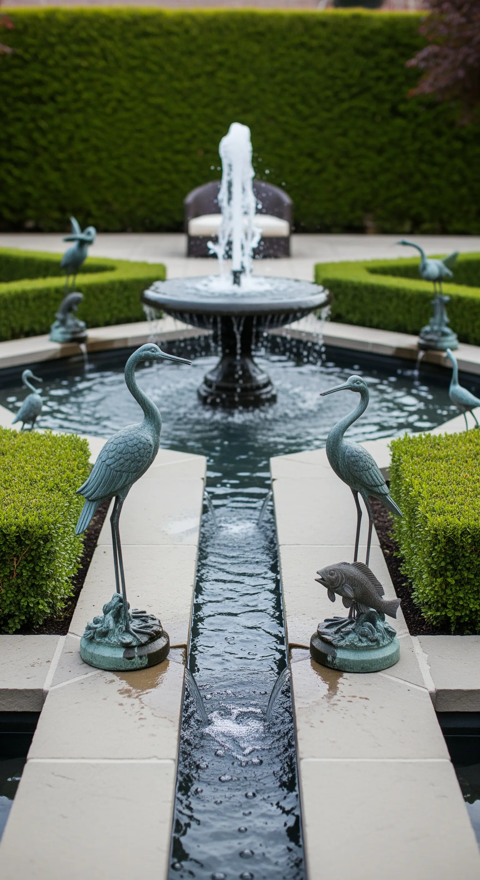 Dettaglio di una fontana con statue di aironi in bronzo e un piccolo canale d'acqua.