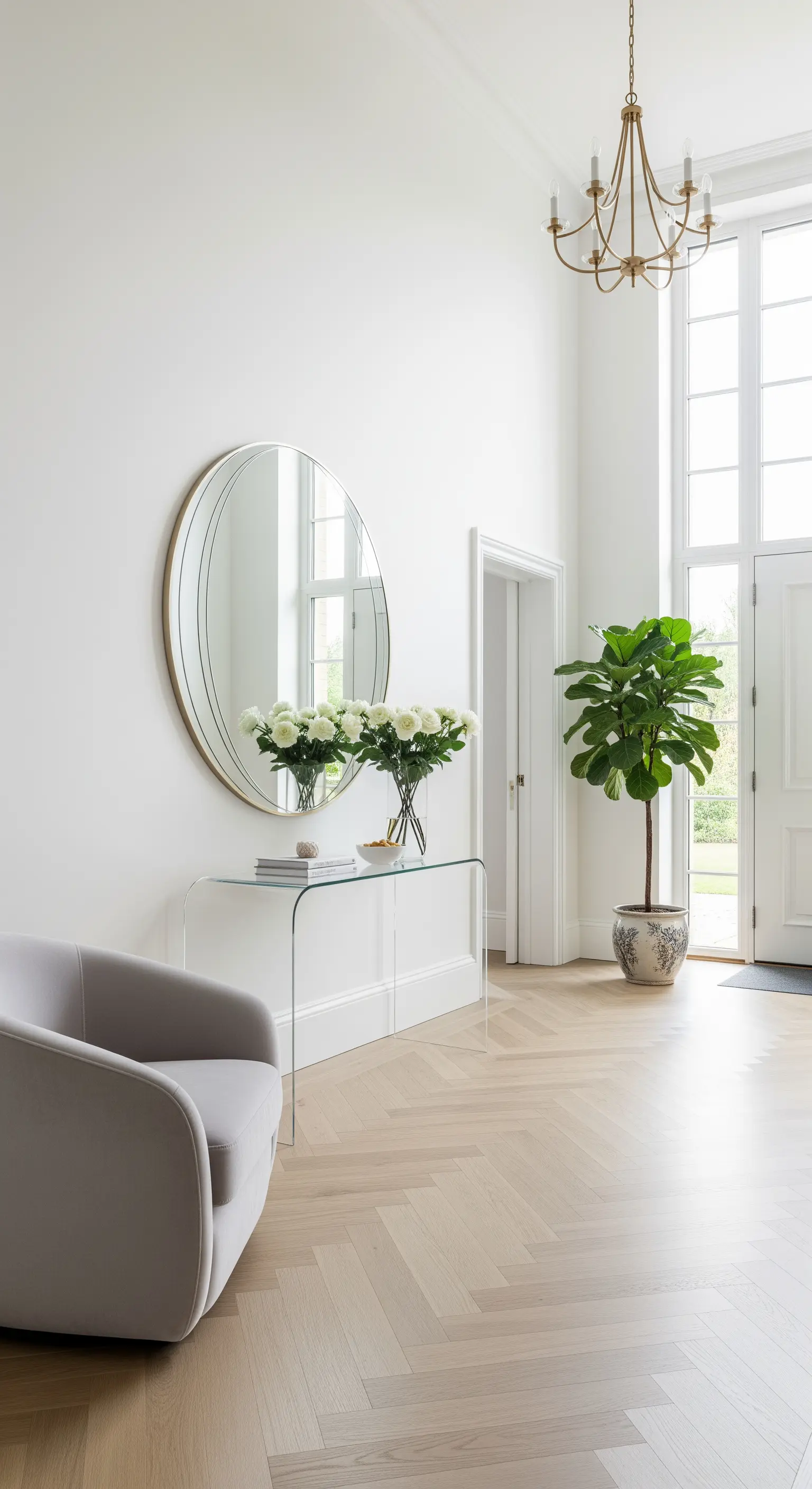 Ingresso ampio e luminoso con specchio rotondo, consolle in vetro e parquet a spina di pesce