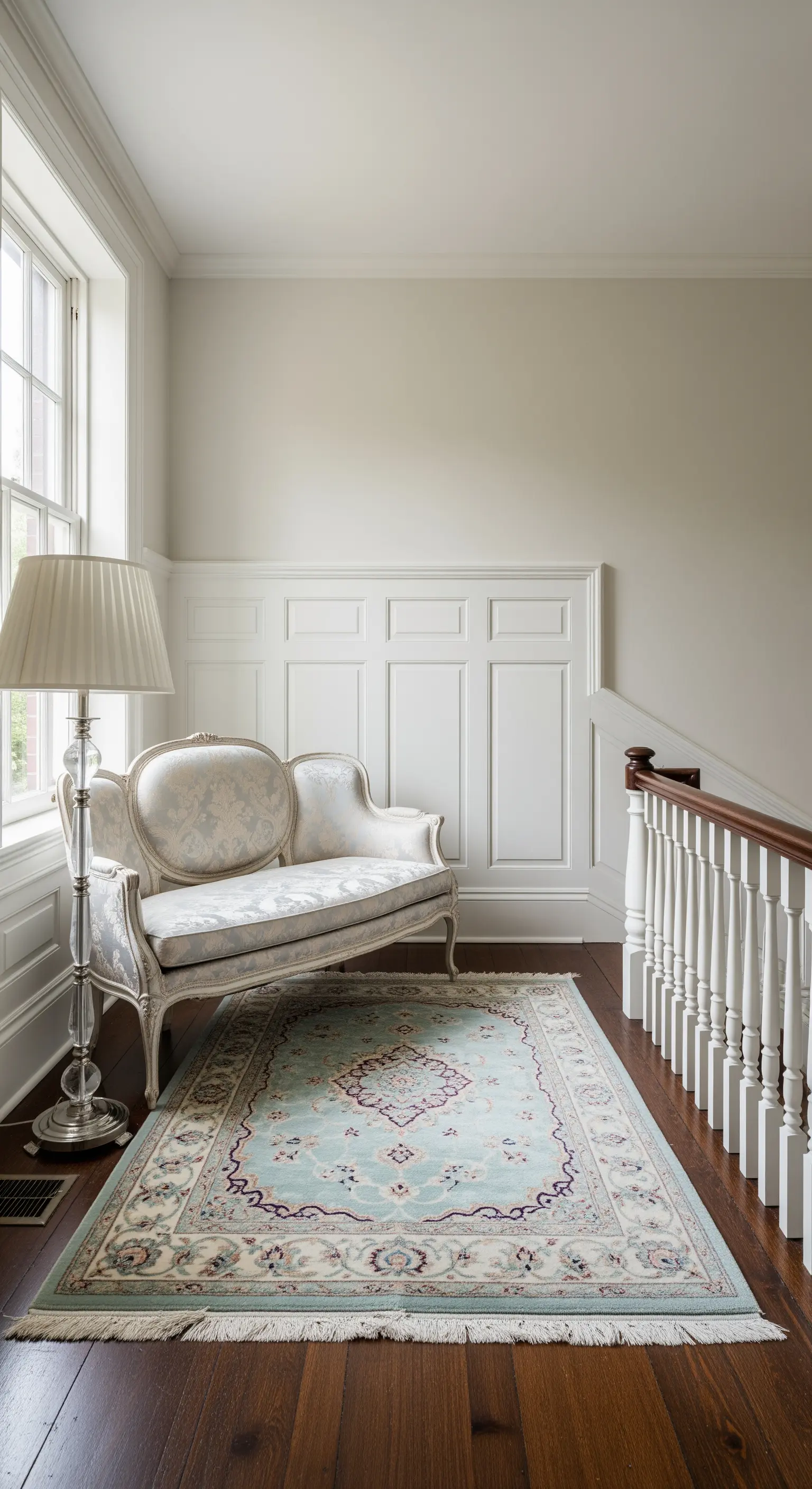 Divanetto antico bianco e azzurro posizionato su un tappeto persiano chiaro in un pianerottolo luminoso.