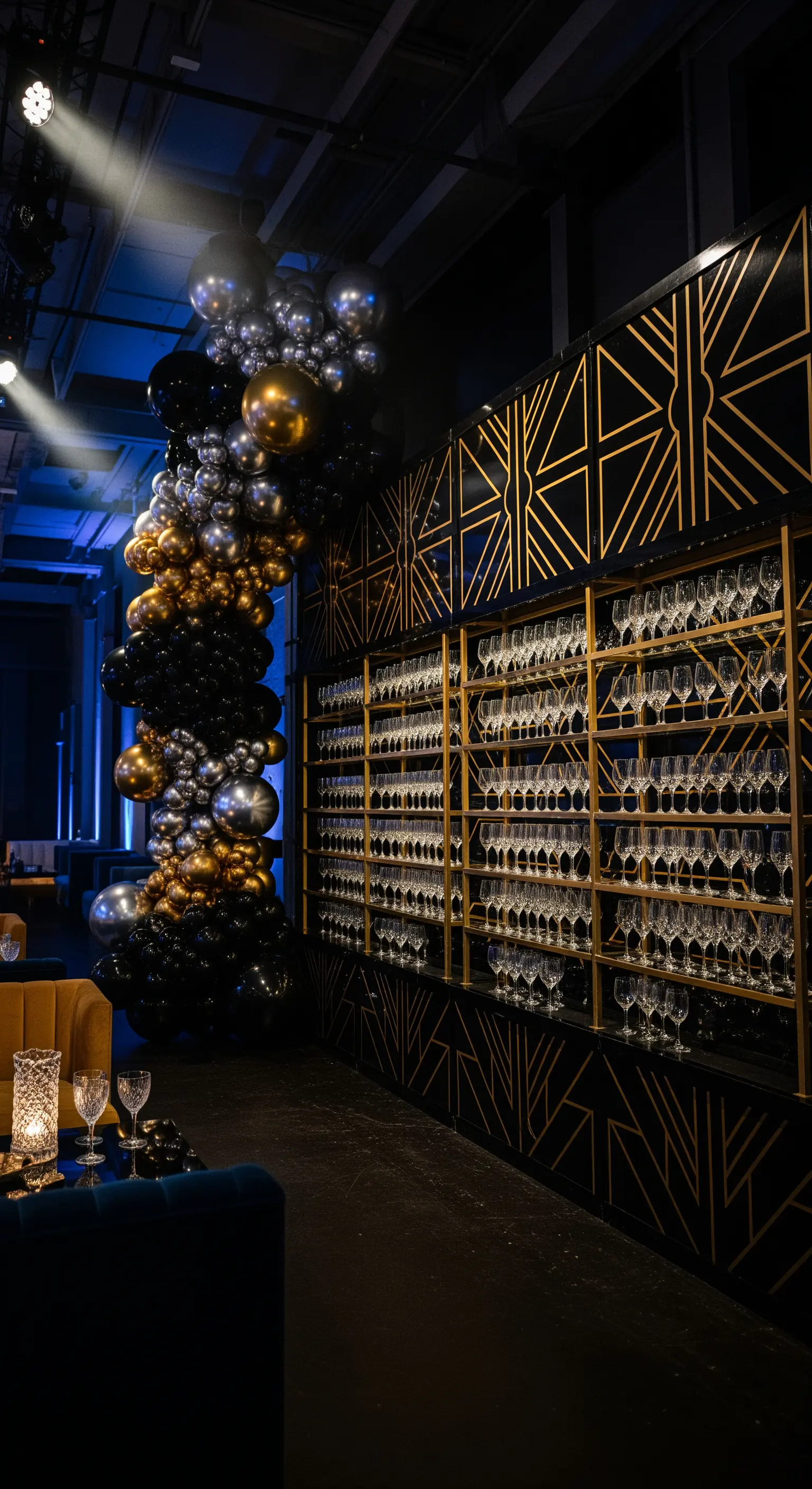 Allestimento in stile Art Déco con parete geometrica nera e oro, palloncini metallici.