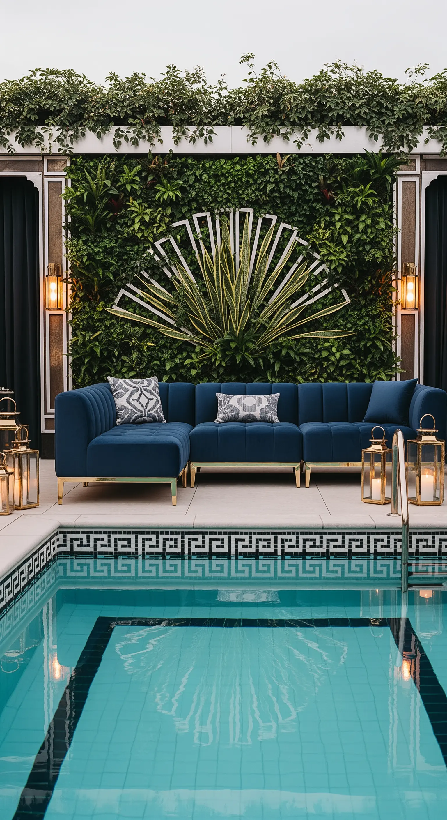 Piscina con bordo a greca, divano in velluto blu e decorazioni Art Déco dorate.