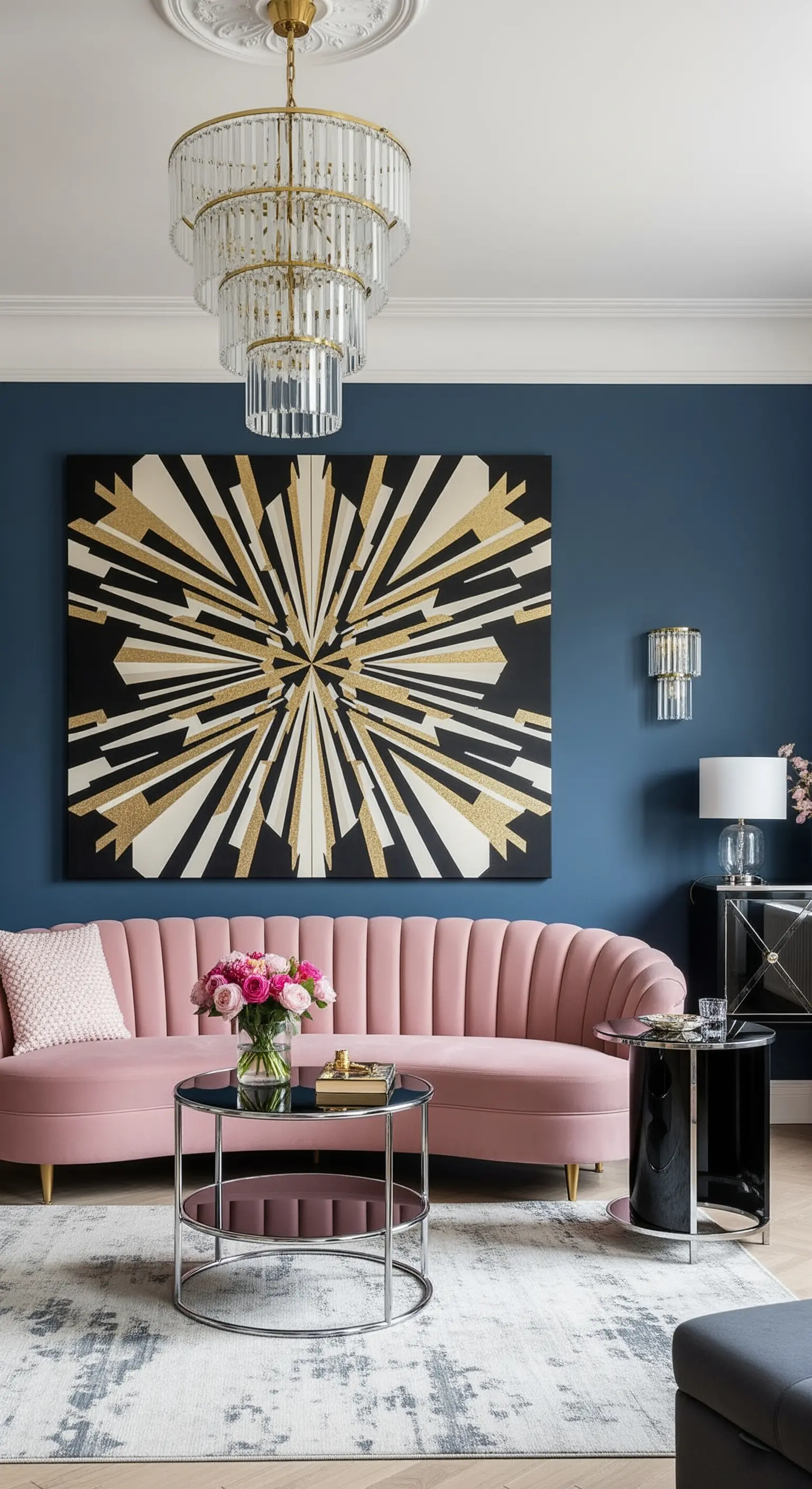 Soggiorno con parete blu, divano rosa e un quadro astratto geometrico in stile Art Déco.