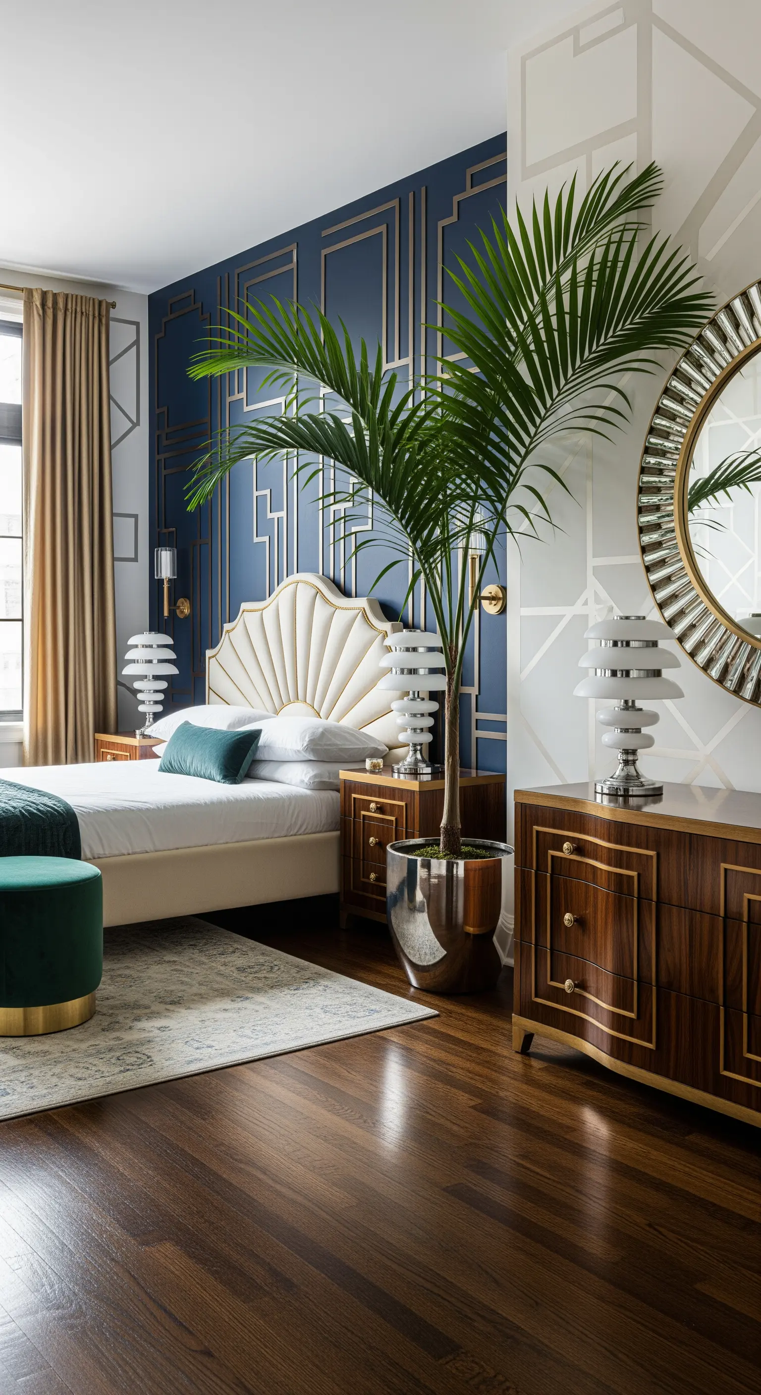 Camera da letto Art Déco con parete blu e oro, e una grande palma in un vaso d'argento.
