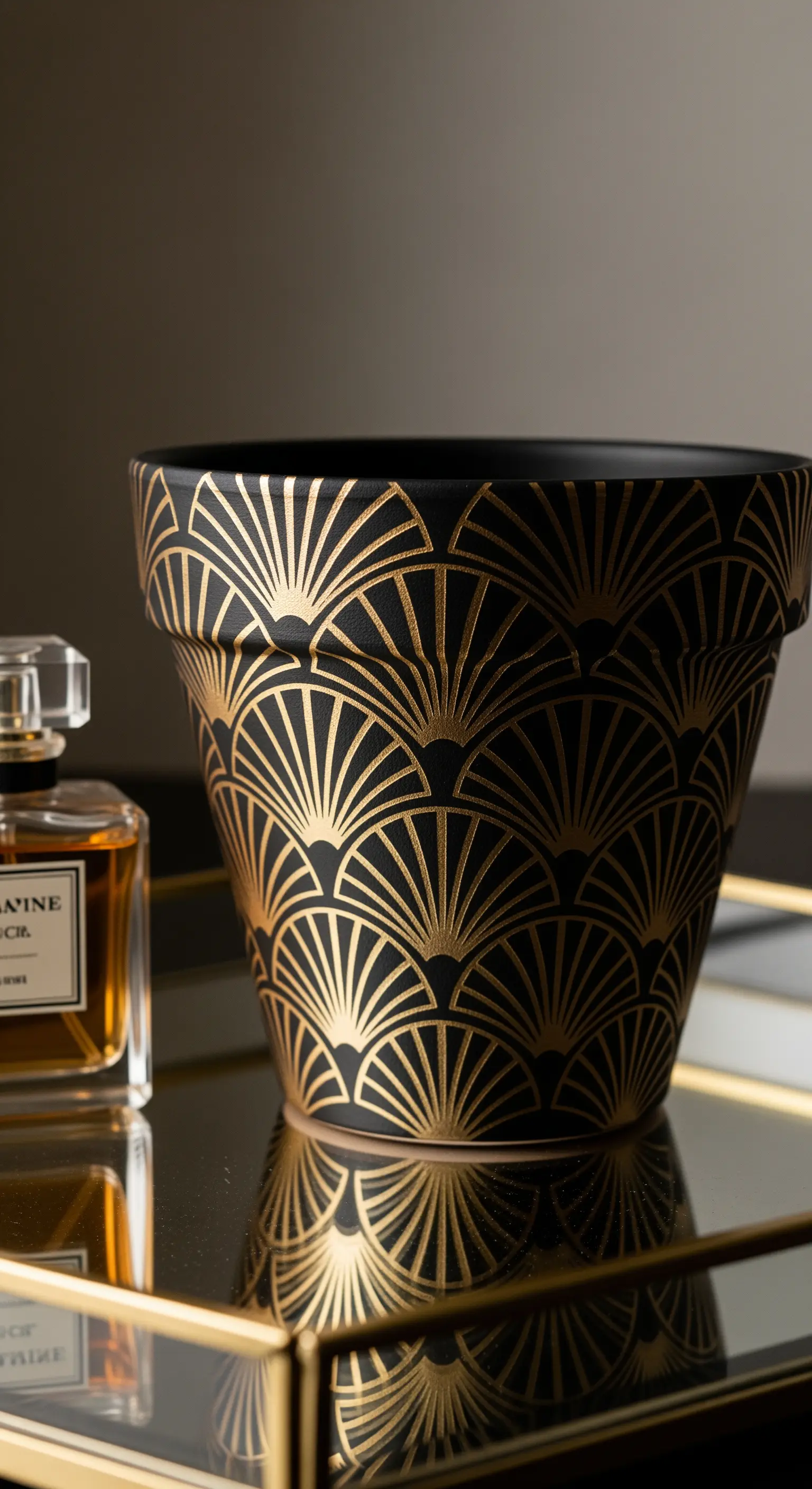 Vaso di terracotta nero opaco con un elegante e intricato motivo Art Déco dorato.