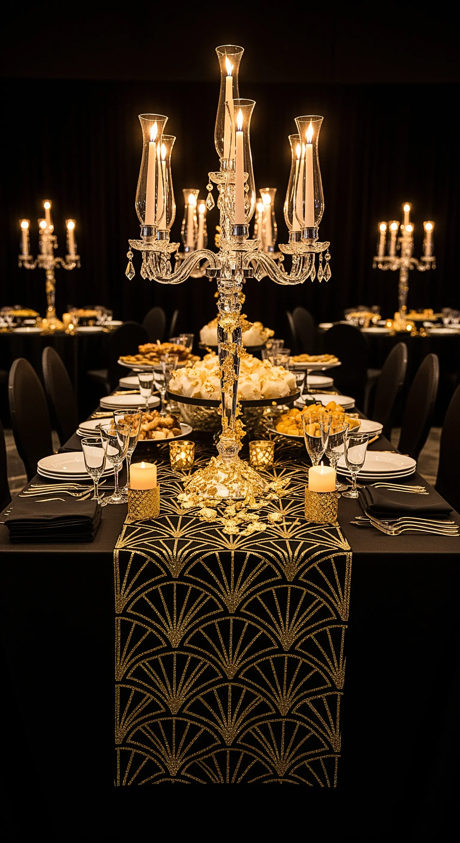 Runner nero con un motivo Art Déco dorato, abbinato a un candelabro in cristallo.