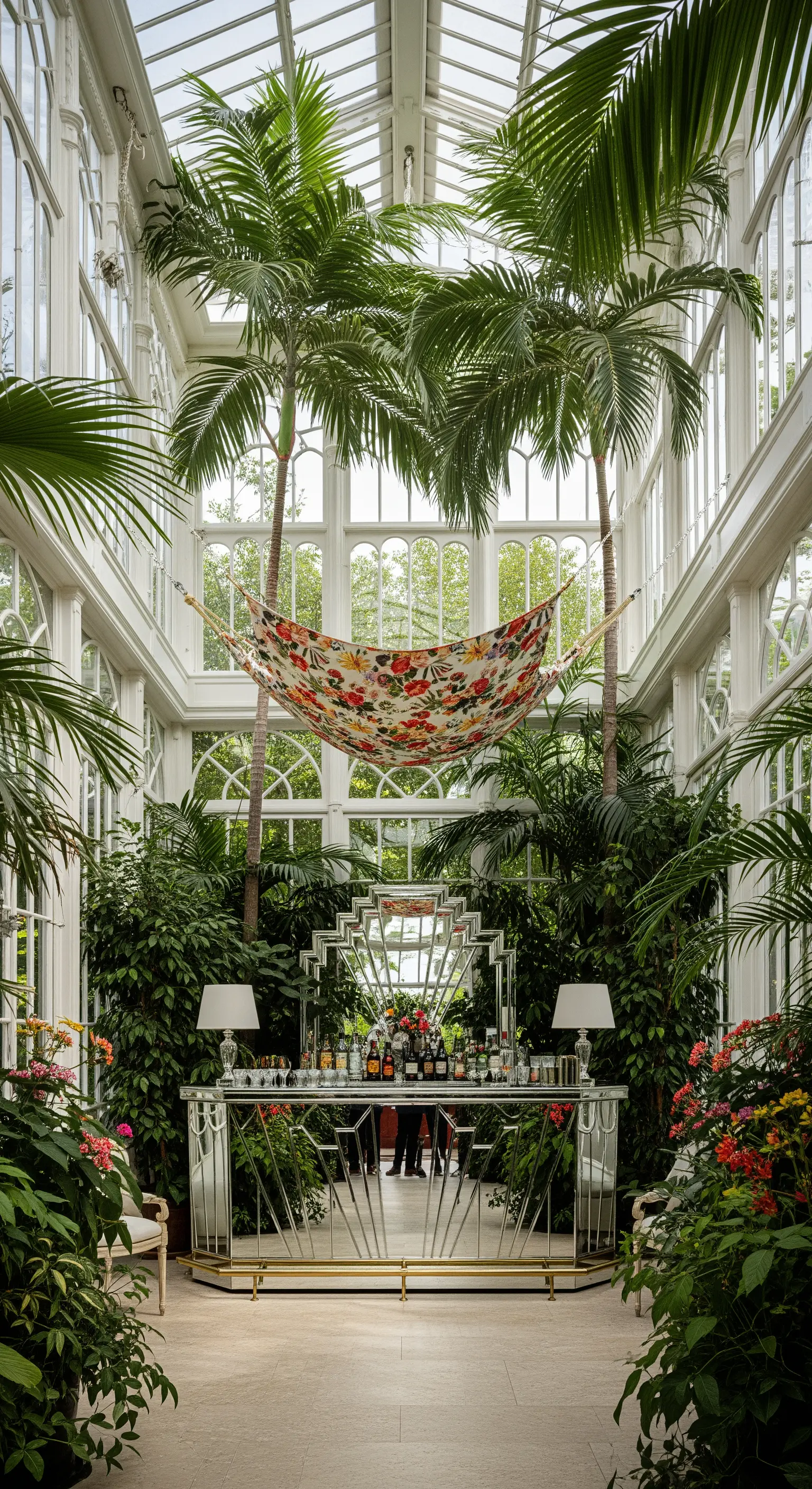 Serra luminosa con palme altissime, un bar specchiato Art Déco e un'amaca floreale sospesa