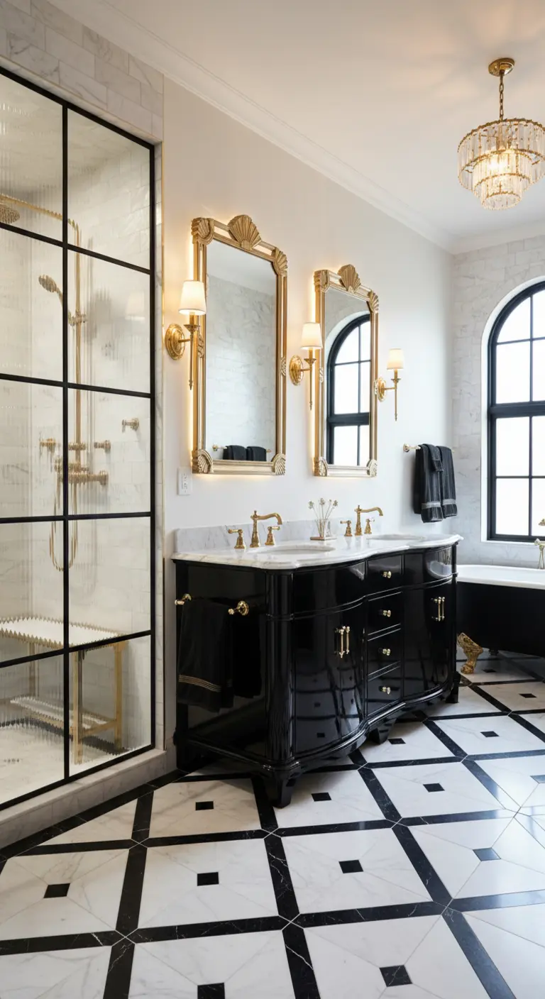 Bagno Art Déco con pavimento a scacchiera, mobile nero laccato, specchi e finiture dorate.