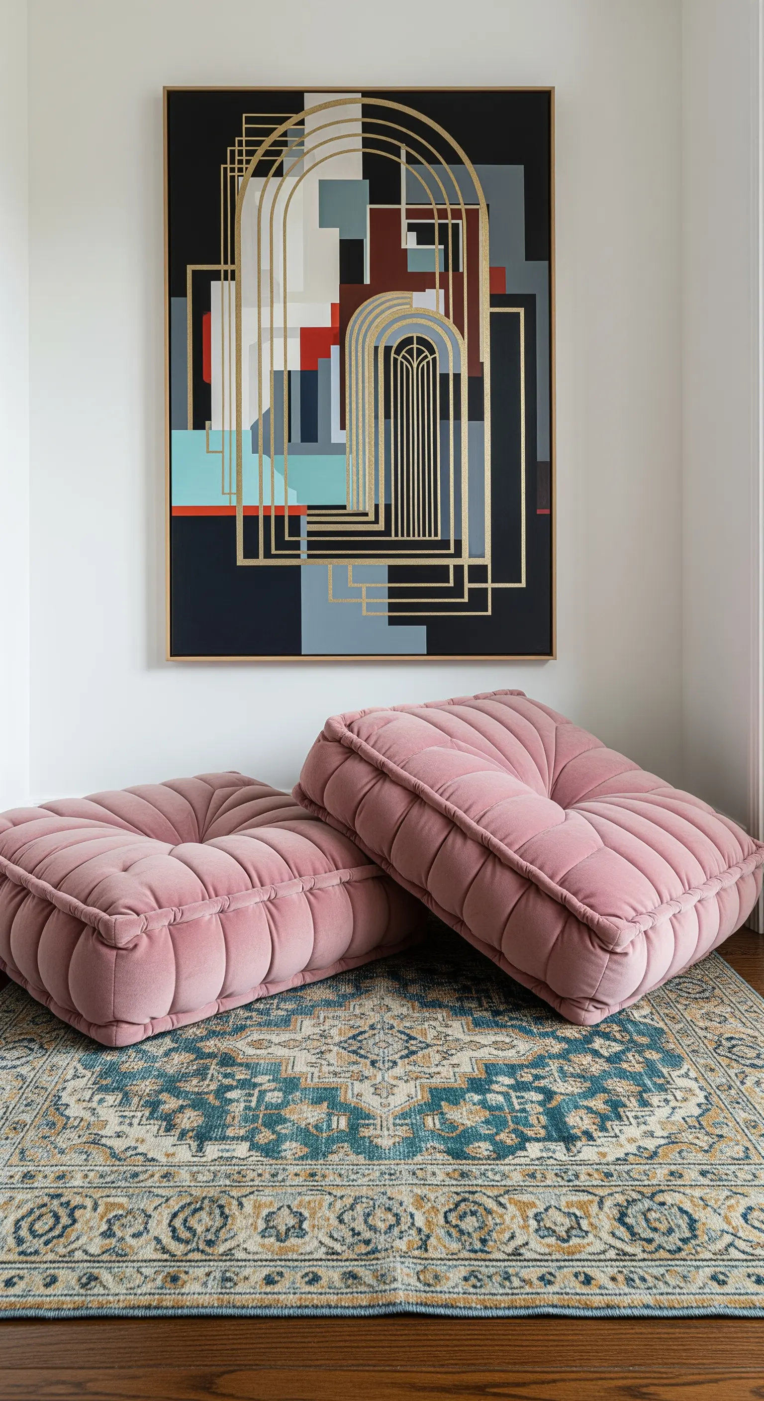 Cuscini trapuntati in velluto rosa su un tappeto geometrico, sotto un quadro in stile Art Déco.
