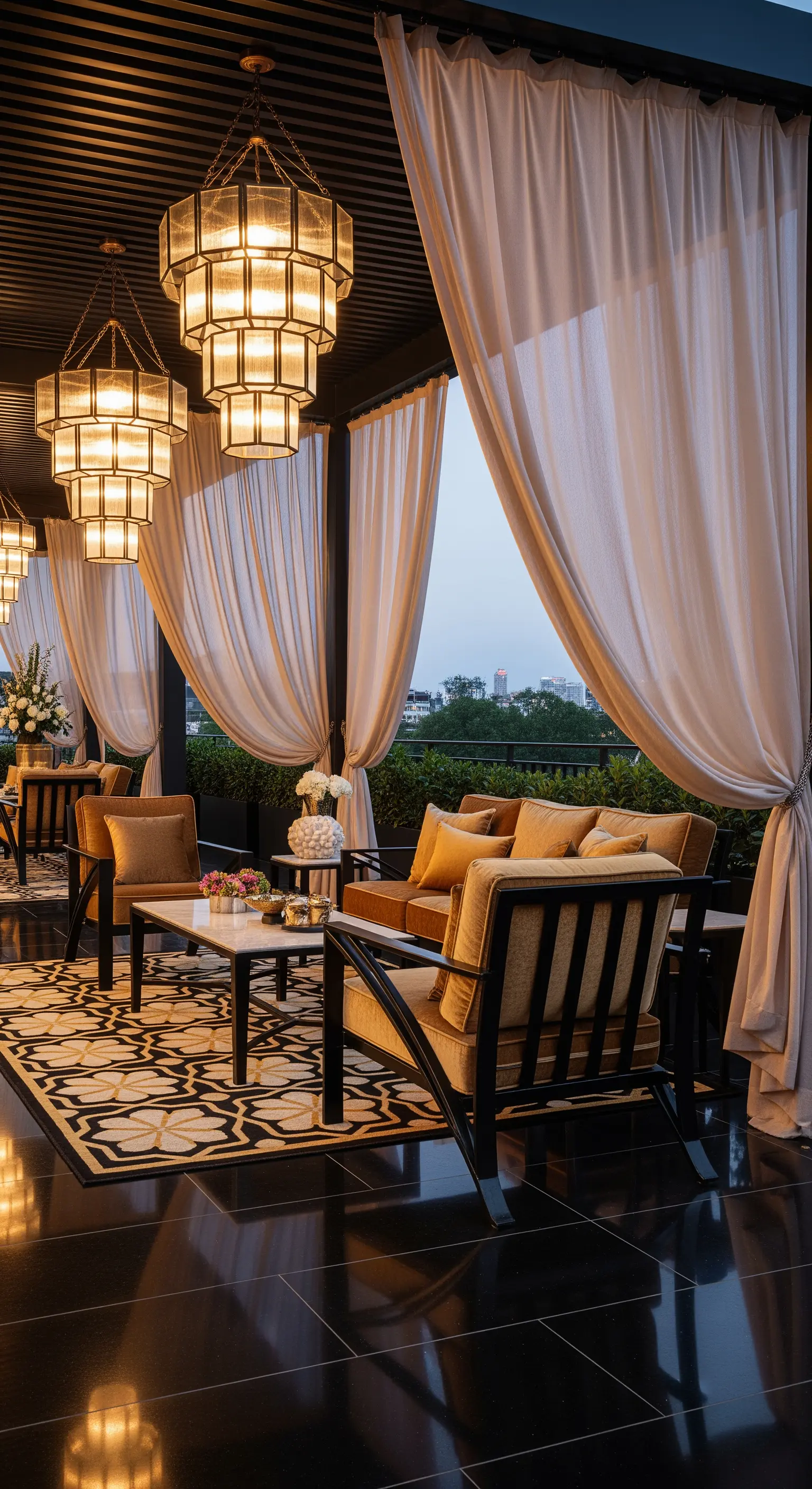 Terrazza elegante con lampadari Art Déco, tende beige e divani in velluto ocra.