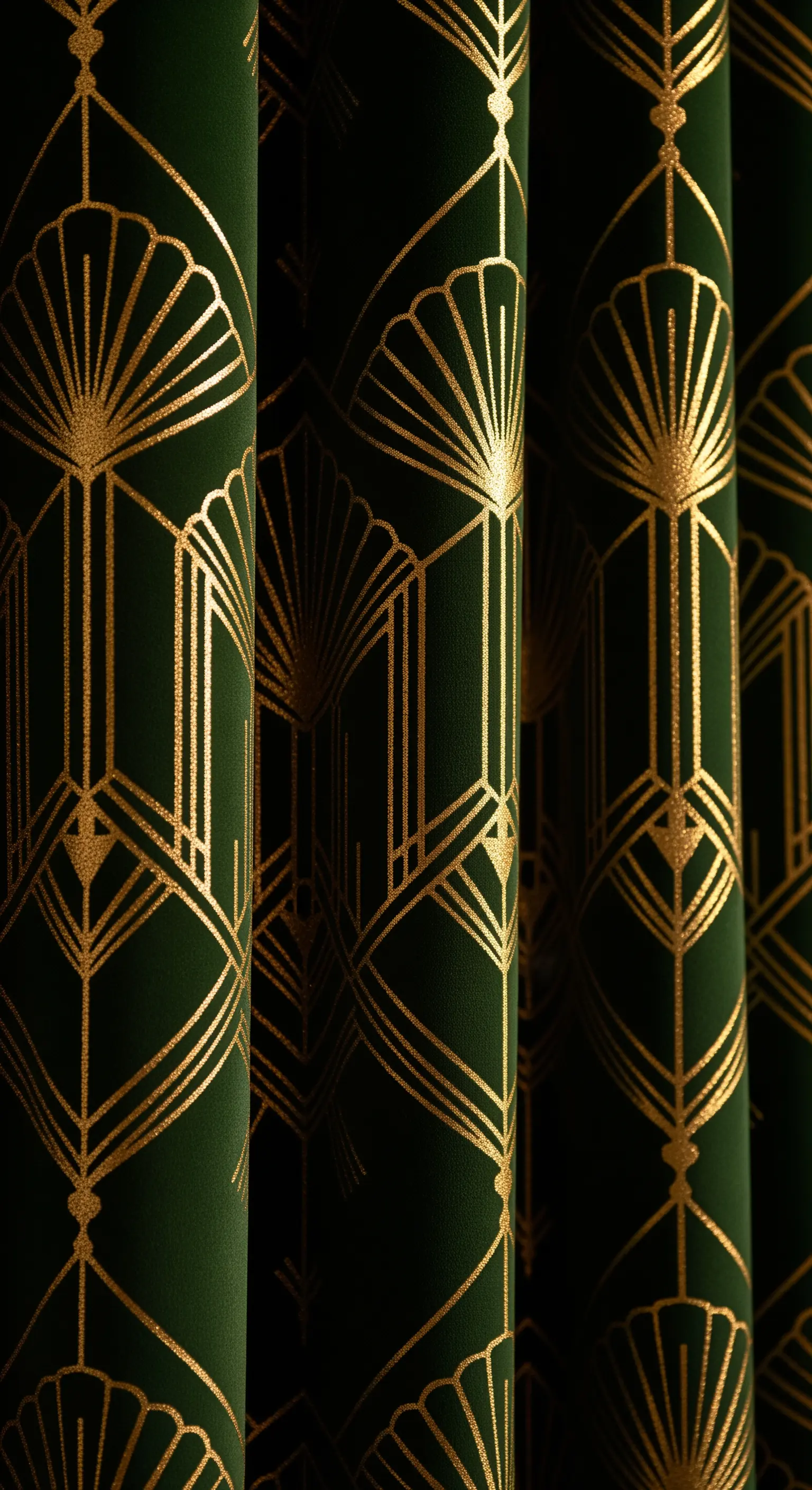 Dettaglio di una tenda in velluto verde scuro con un motivo geometrico Art Déco stampato in oro.