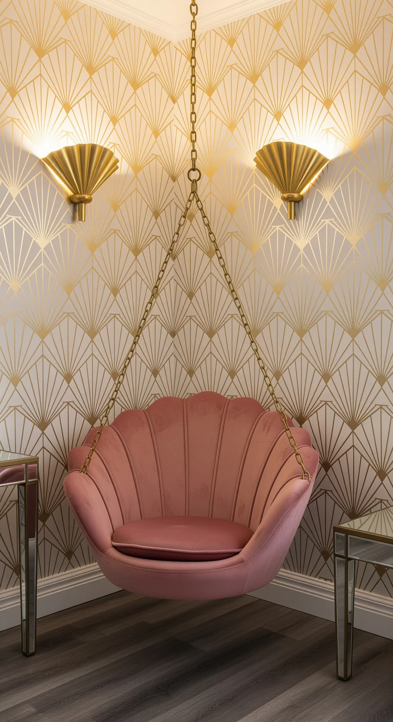 Poltrona sospesa a conchiglia in velluto rosa, carta da parati Art Déco dorata.