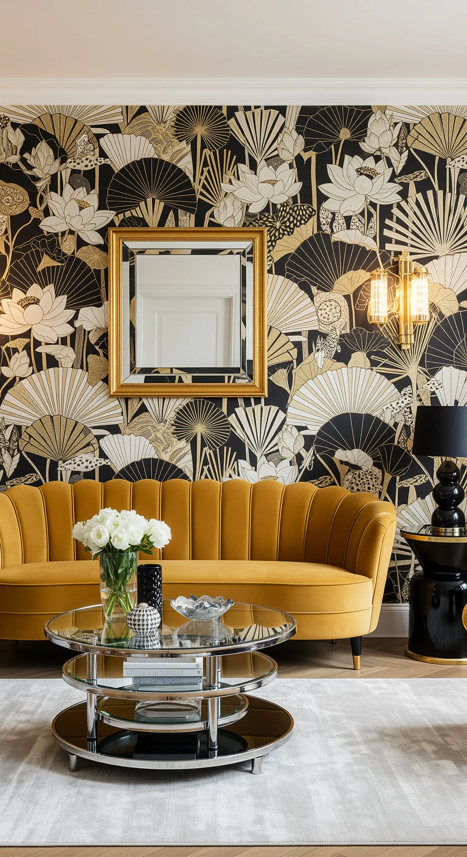 Salotto Art Déco con carta da parati a ventagli neri e oro e un divano curvo giallo senape.