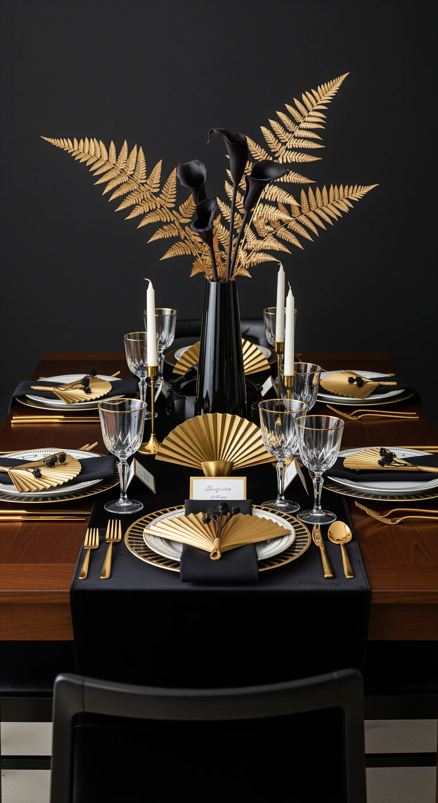 Tavola Art Déco in nero e oro con felci dorate e calle nere.