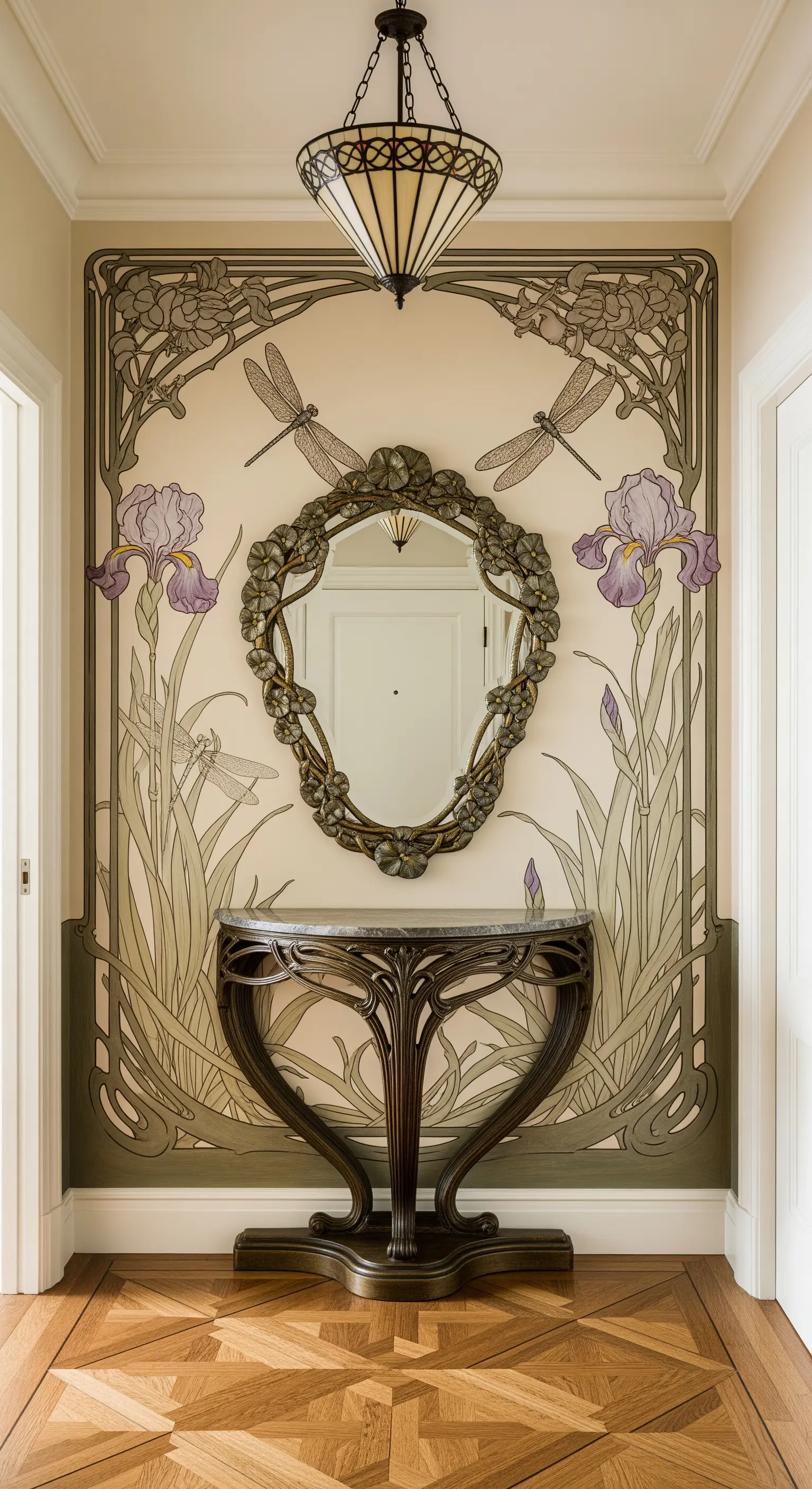 Ingresso in stile Art Nouveau con murale floreale, specchio ovale e consolle intagliata.