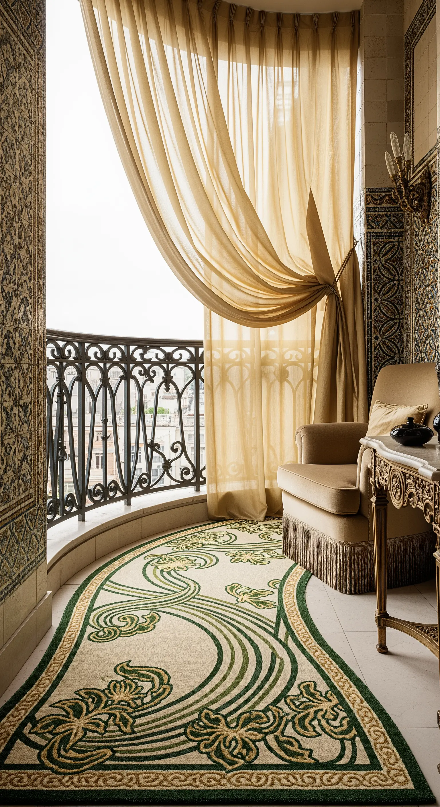 Balcone curvo in stile Art Nouveau con tappeto sagomato e tende di seta dorata.