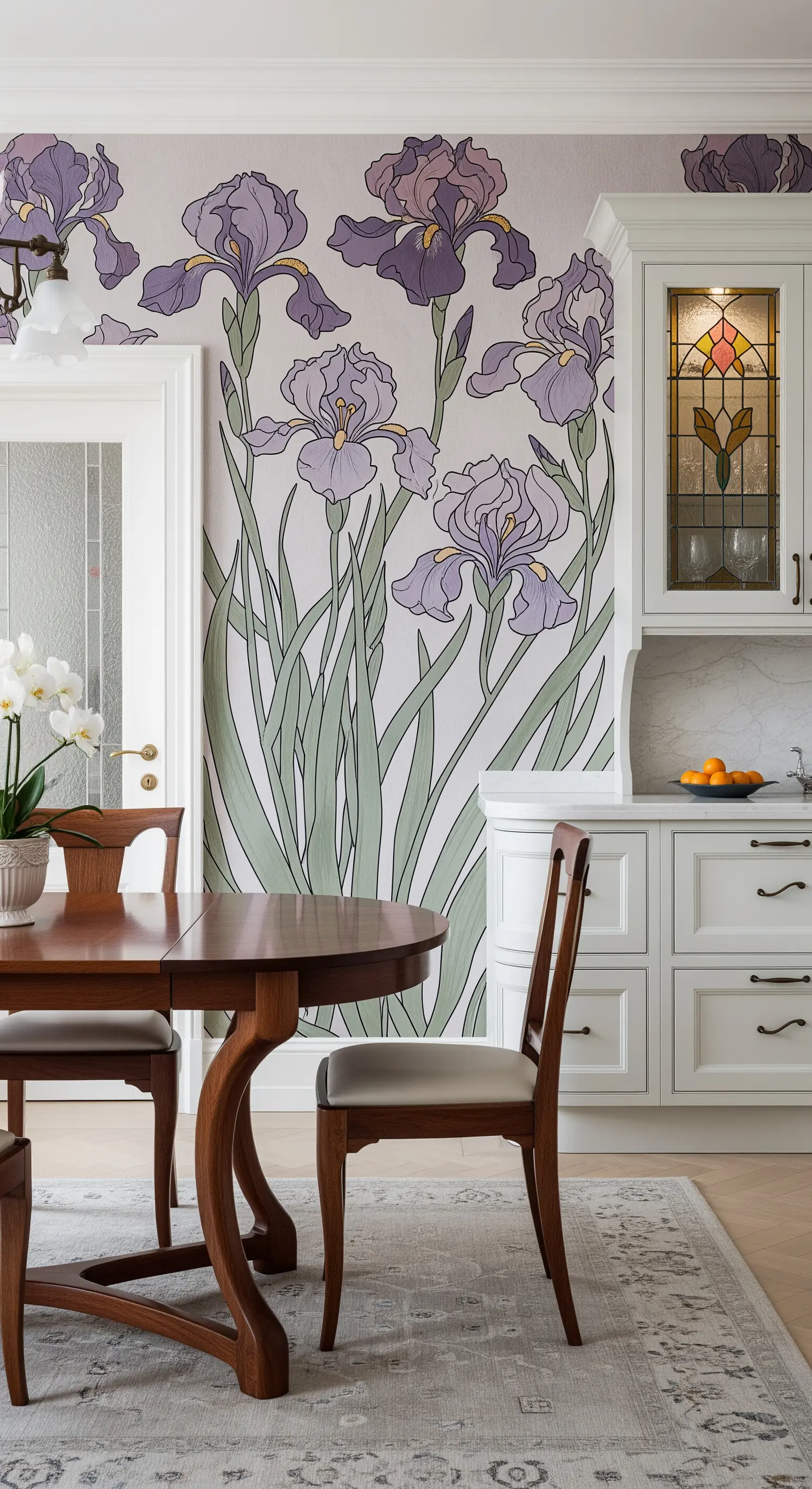 Cucina classica con carta da parati a iris in stile Art Nouveau e tavolo in legno scuro.