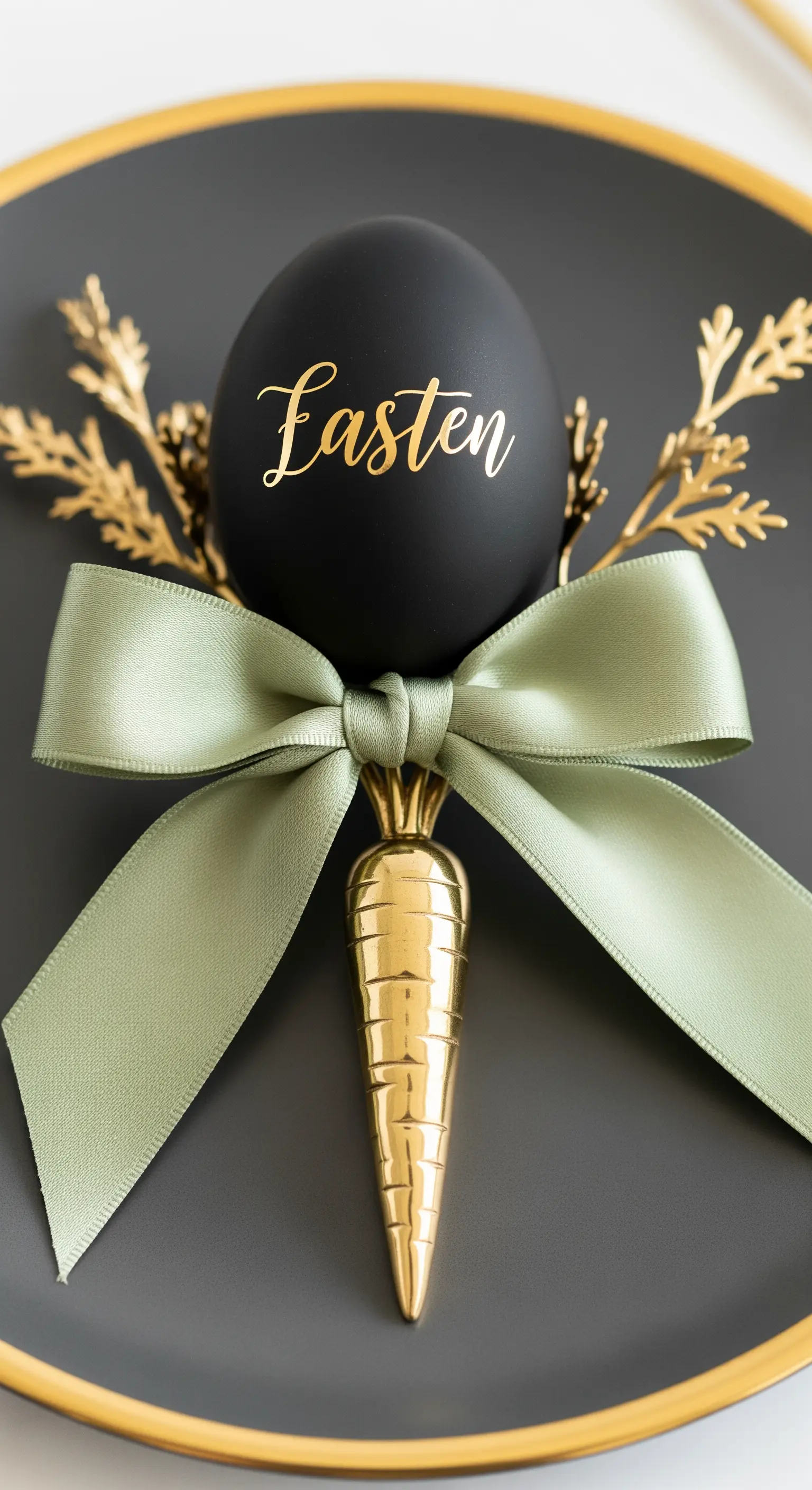 Segnaposto pasquale di lusso: uovo nero opaco, carota dorata e nastro verde salvia.