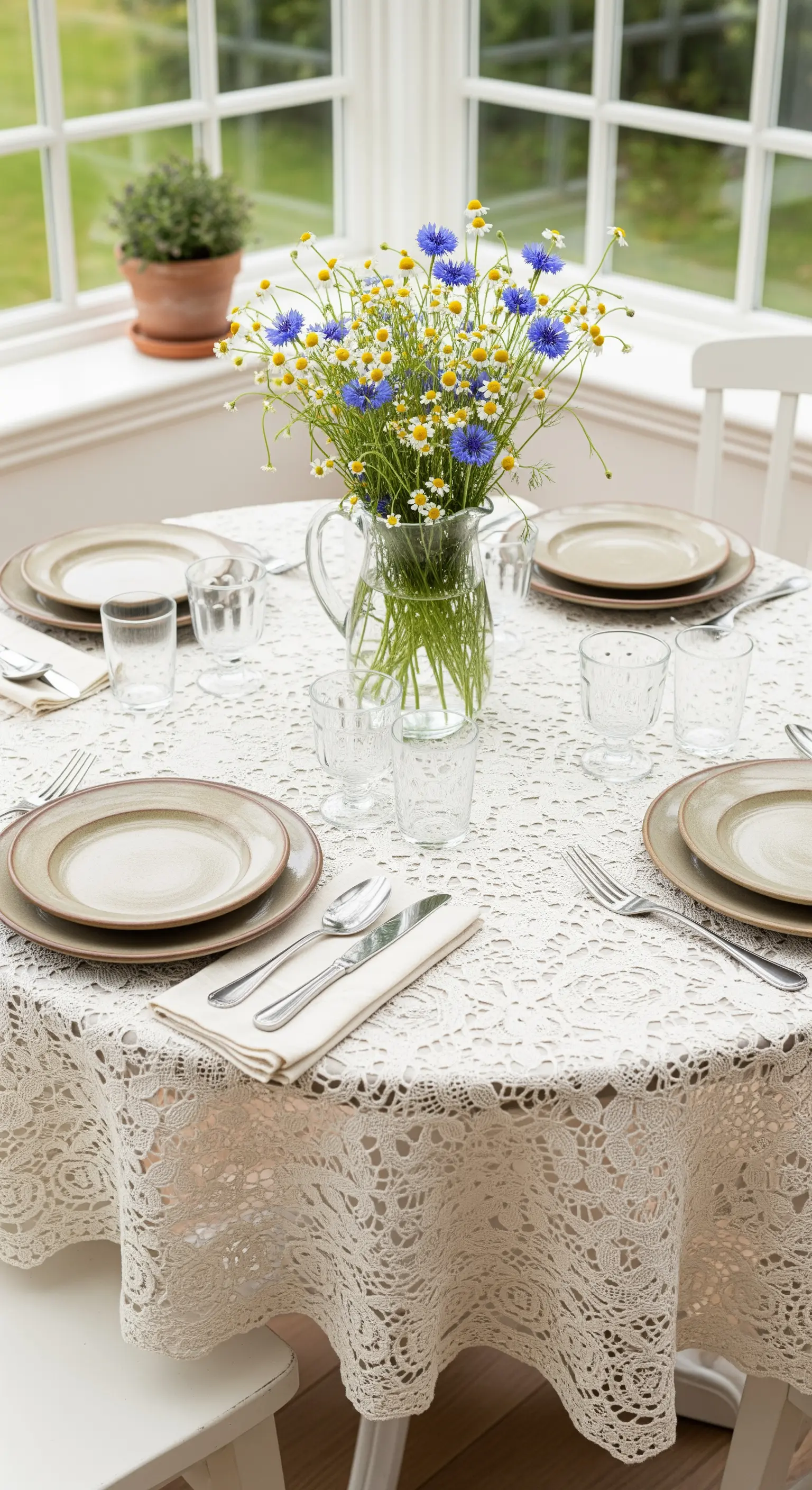 Tavola rotonda con tovaglia in pizzo, piatti in gres e un vaso di fiordalisi e margherite