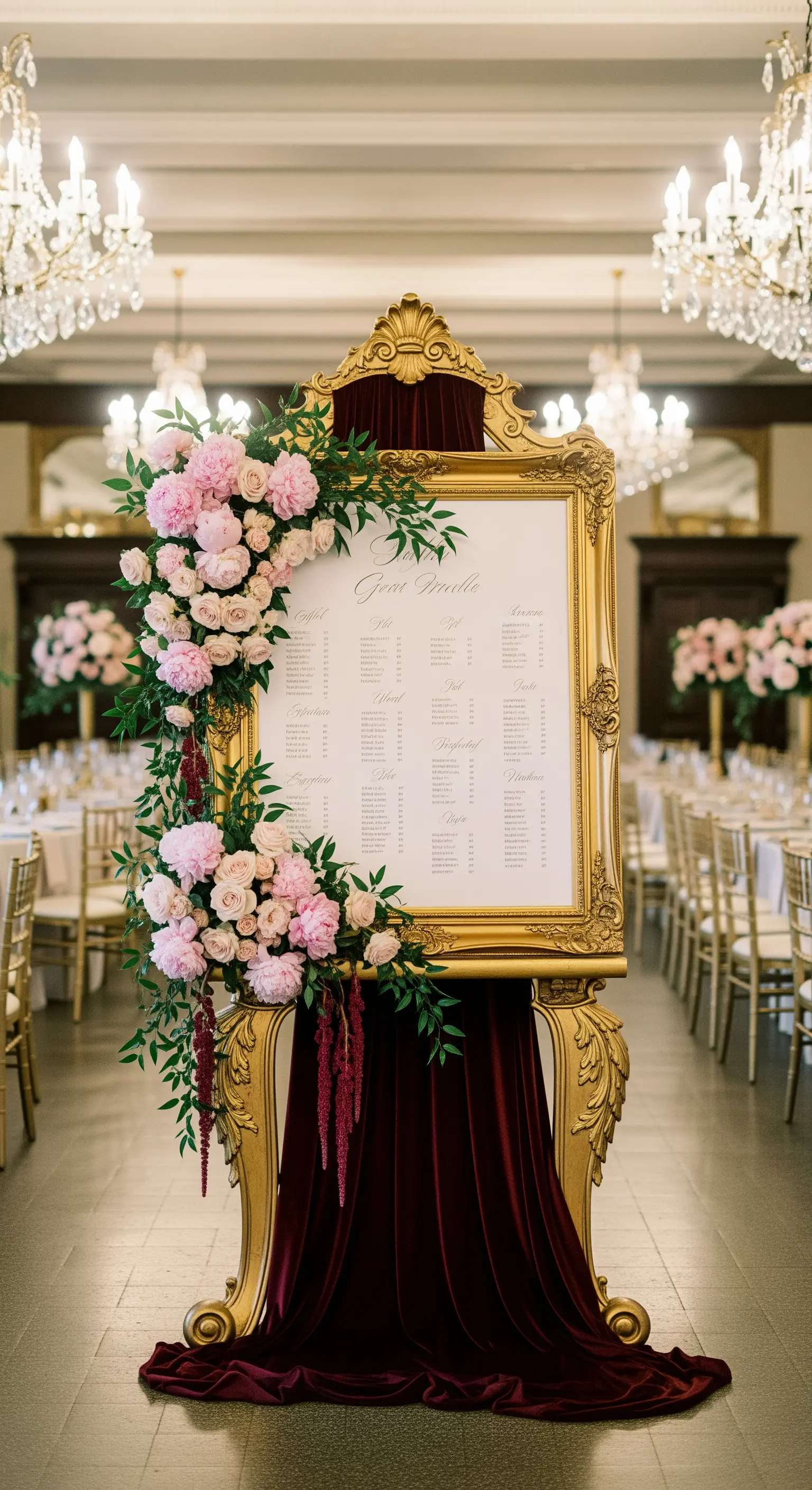 Grande tableau mariage barocco dorato, decorato con una cascata di rose rosa e drappo di velluto.