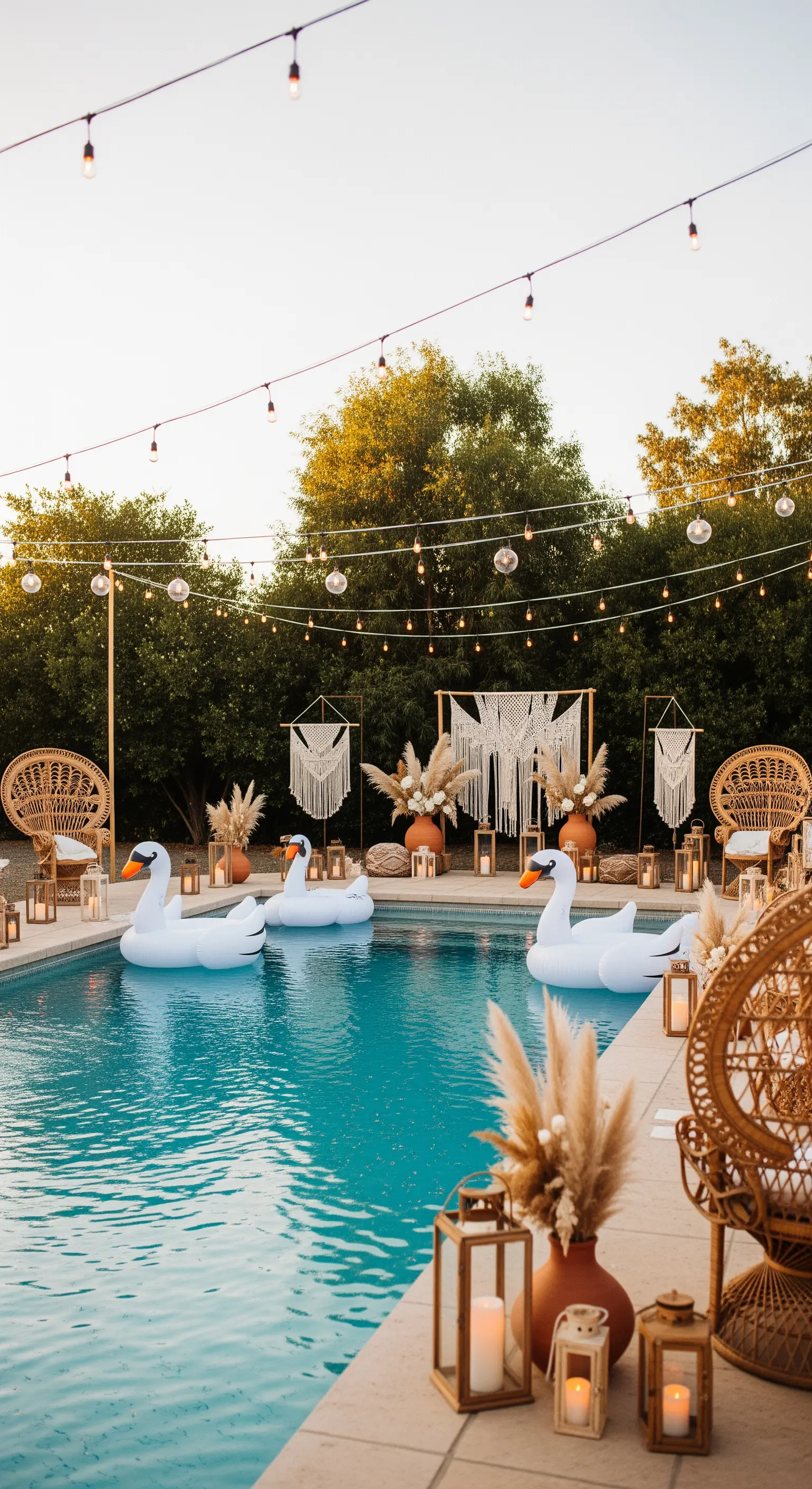 Allestimento bohémien a bordo piscina con macramè, sedie in rattan e cigni gonfiabili.