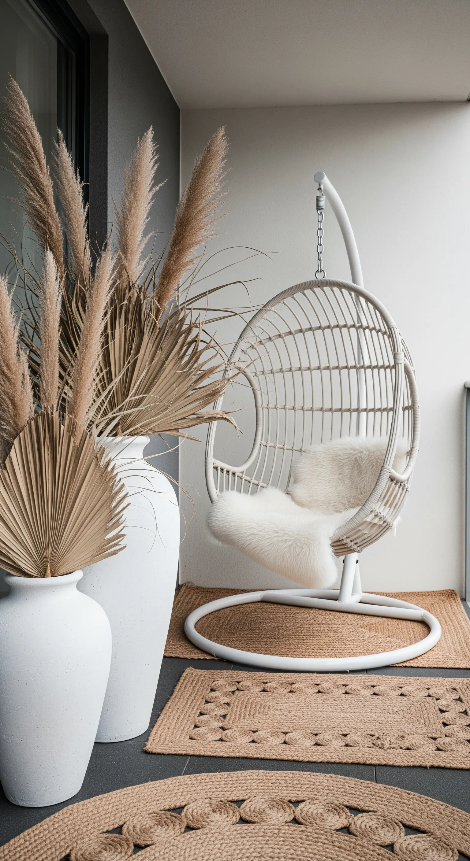 Poltrona sospesa bianca su un balcone con tappeti di iuta e grandi vasi con pampas secche.