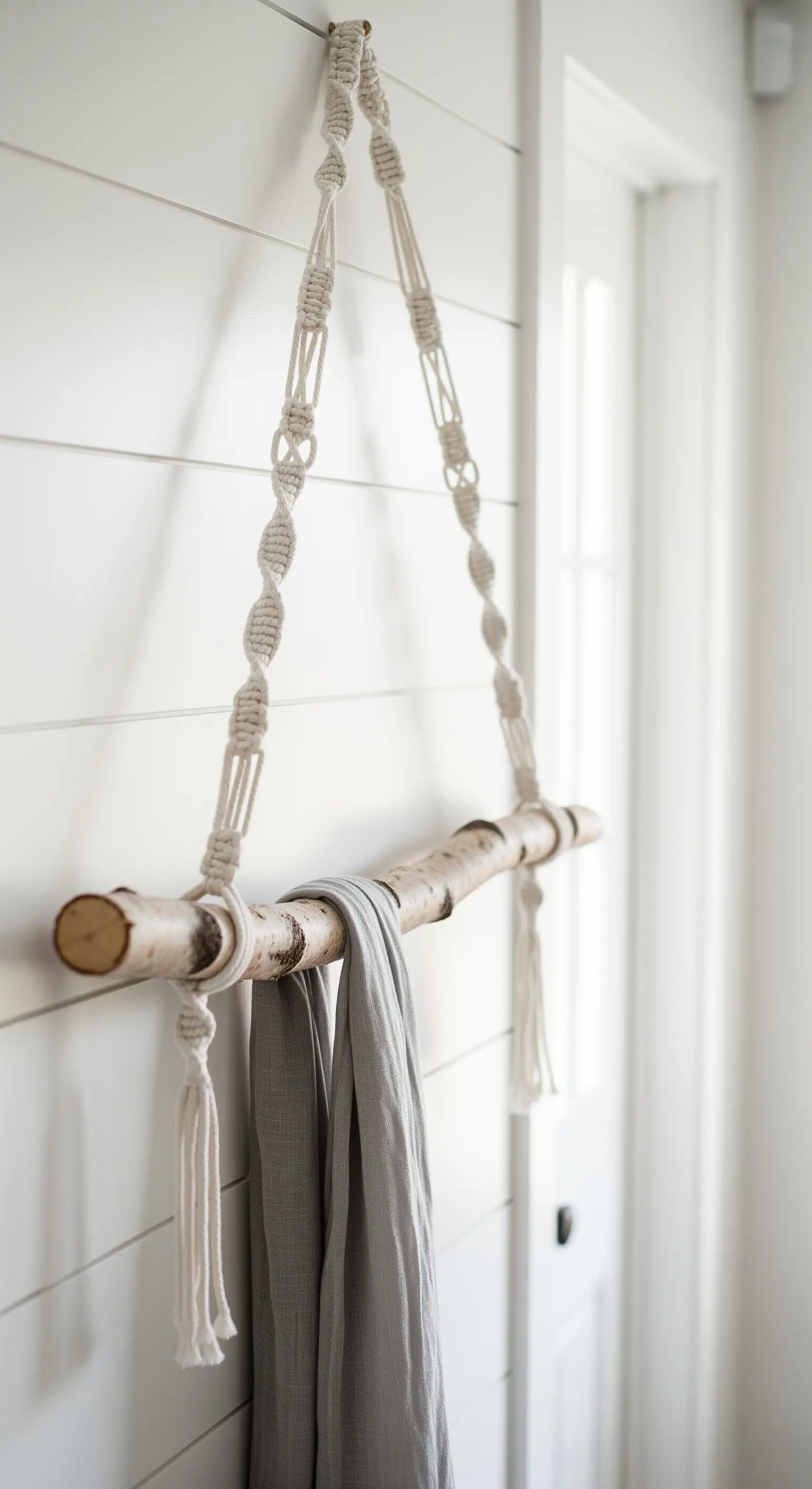 Appendiabiti fai-da-te con ramo di betulla e corda in macramè appeso a una parete bianca.